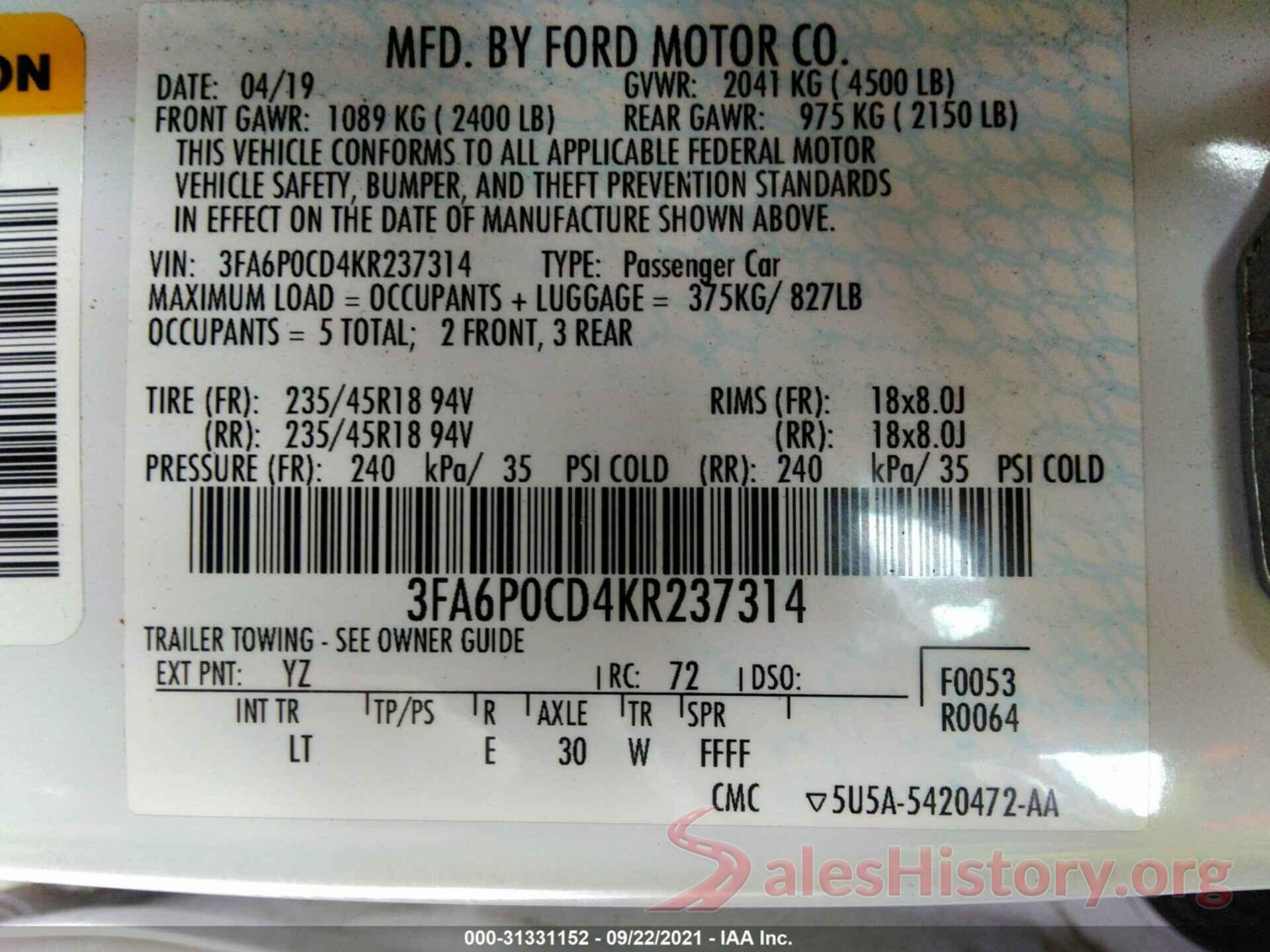 3FA6P0CD4KR237314 2019 FORD FUSION