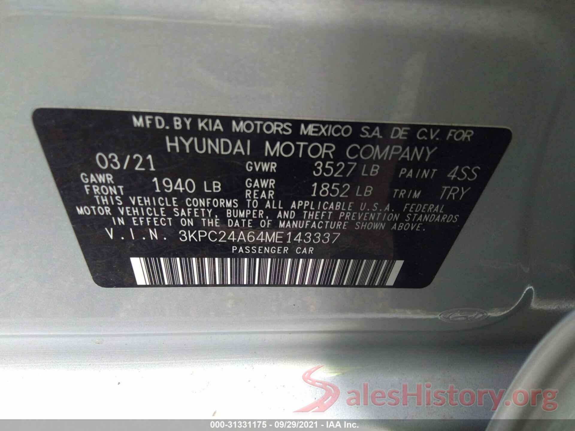 3KPC24A64ME143337 2021 HYUNDAI ACCENT