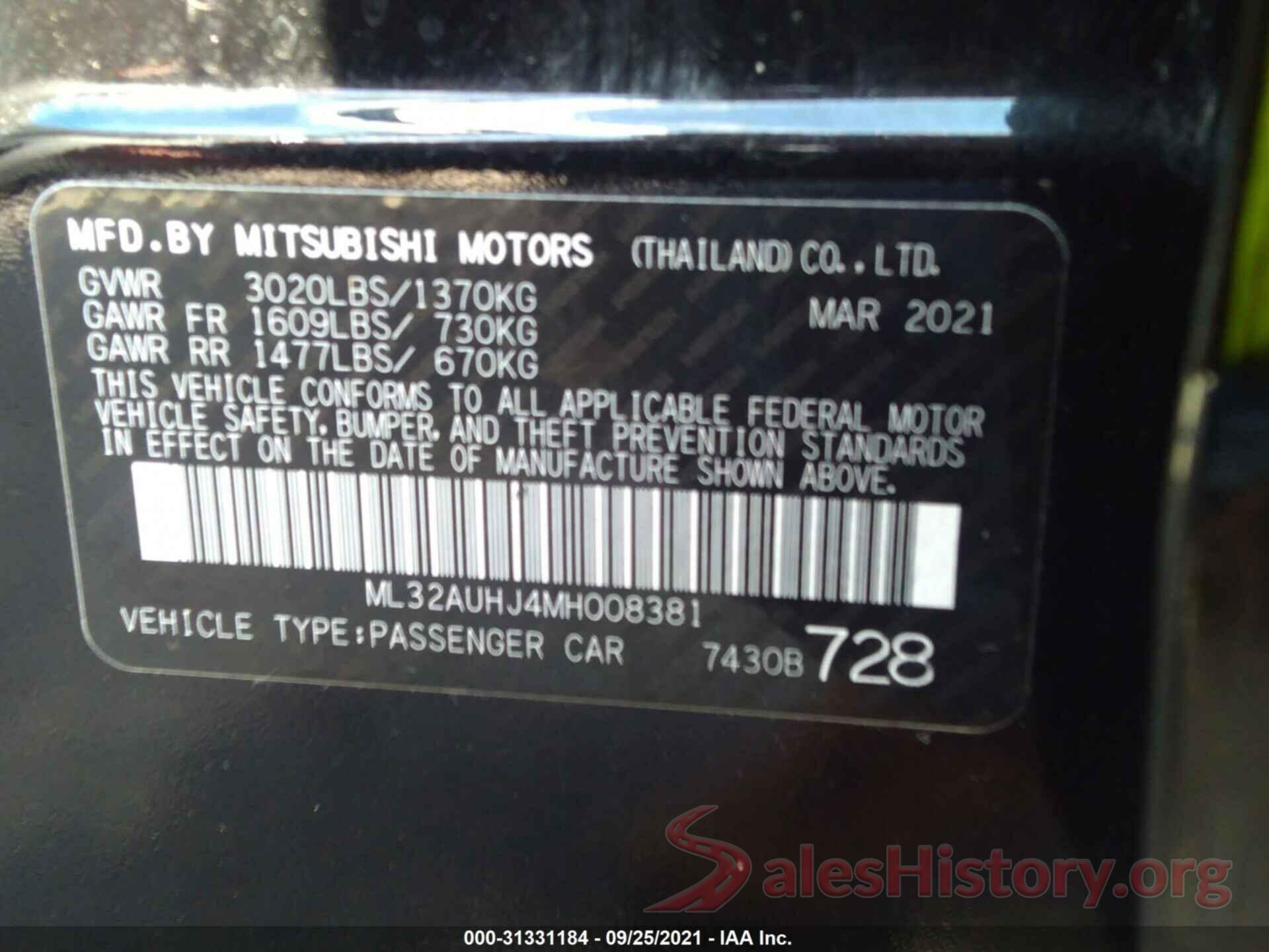 ML32AUHJ4MH008381 2021 MITSUBISHI MIRAGE