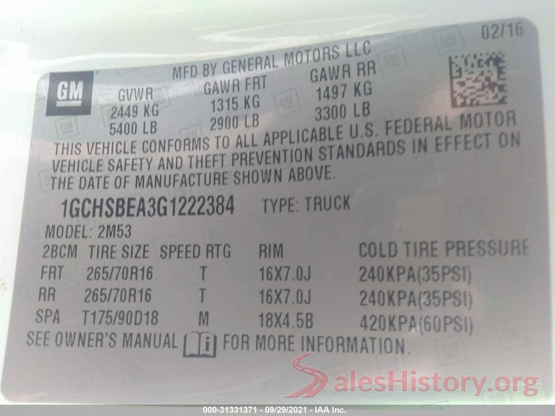 1GCHSBEA3G1222384 2016 CHEVROLET COLORADO