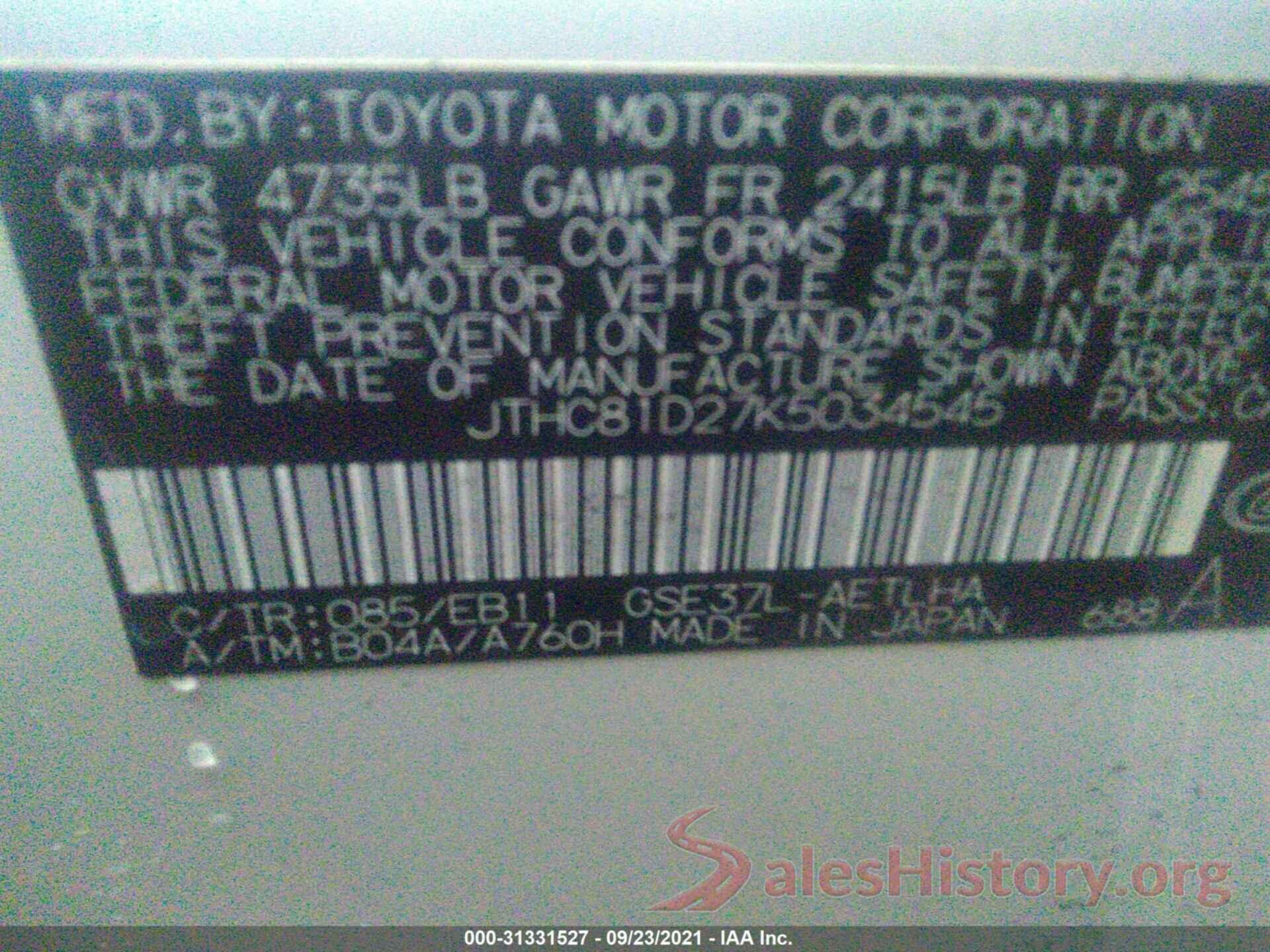 JTHC81D27K5034545 2019 LEXUS IS