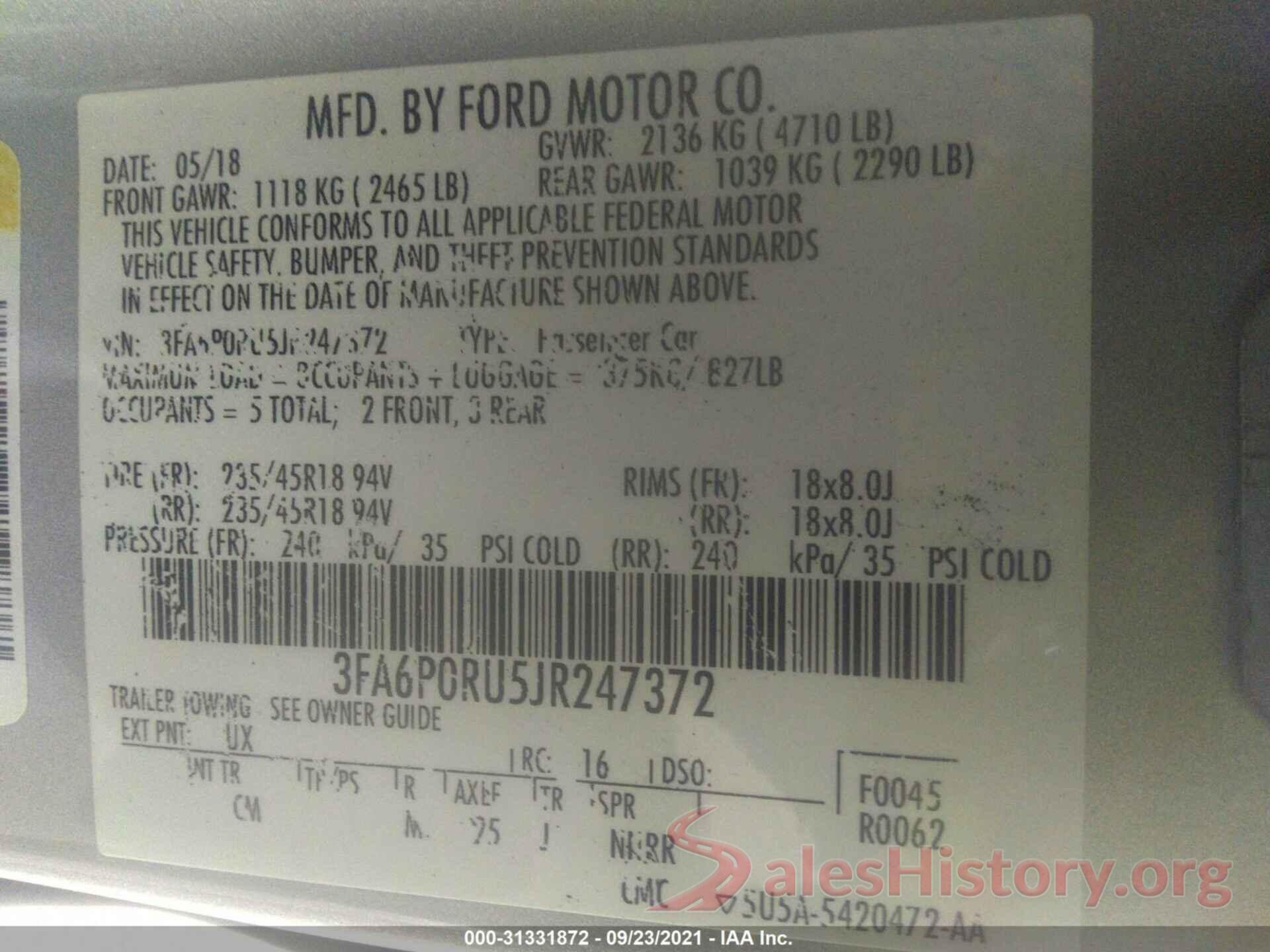 3FA6P0RU5JR247372 2018 FORD FUSION HYBRID