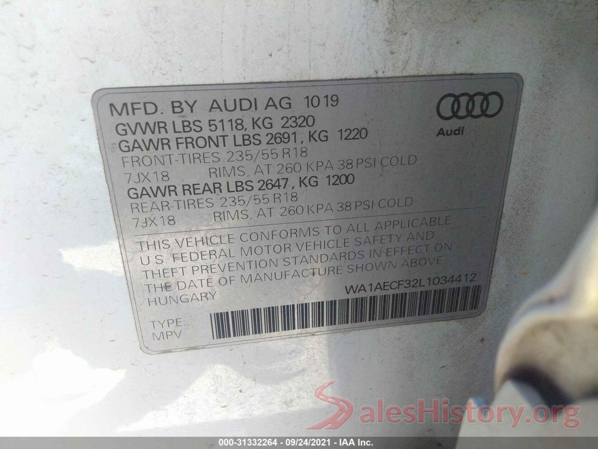 WA1AECF32L1034412 2020 AUDI Q3