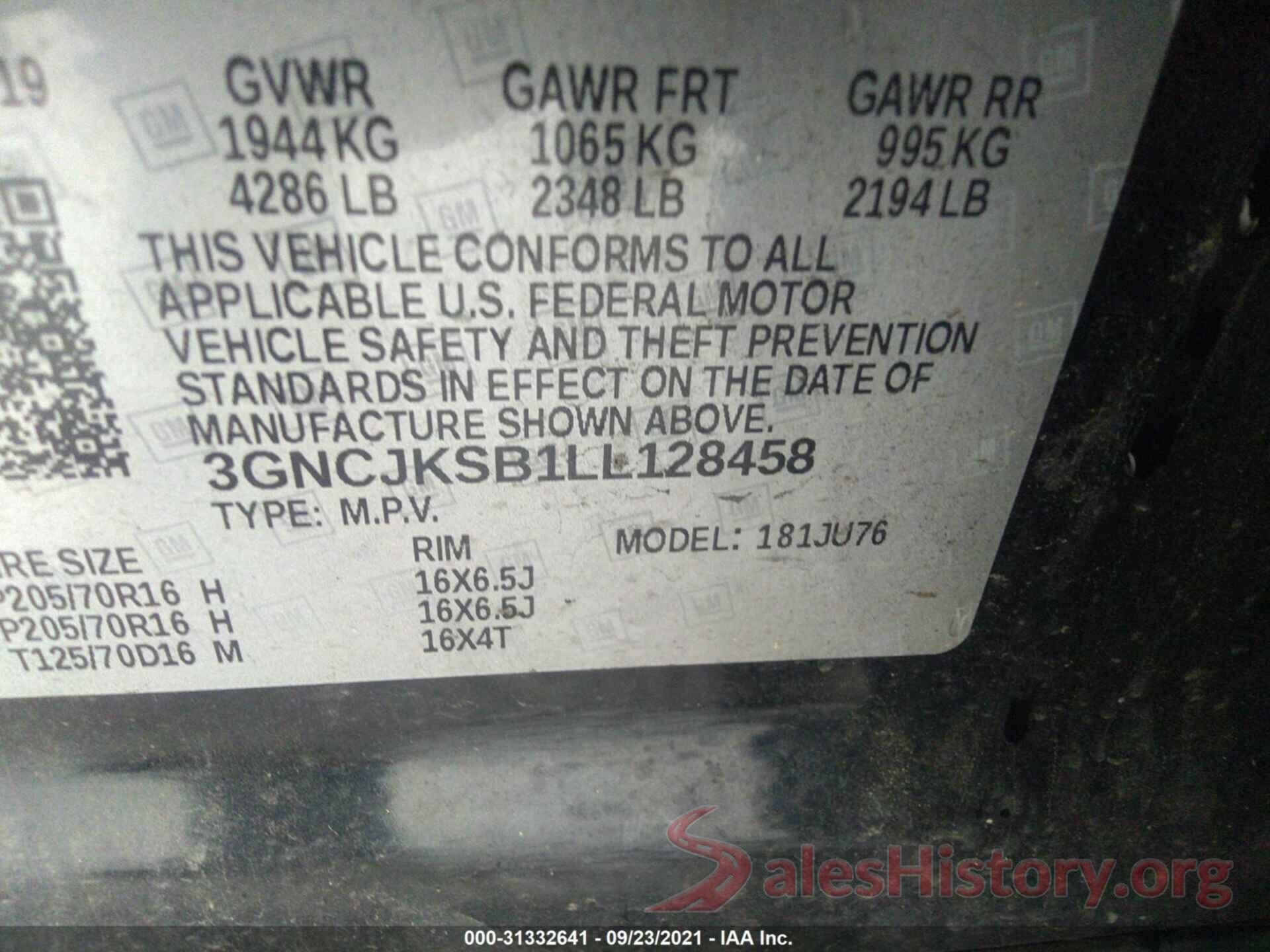 3GNCJKSB1LL128458 2020 CHEVROLET TRAX