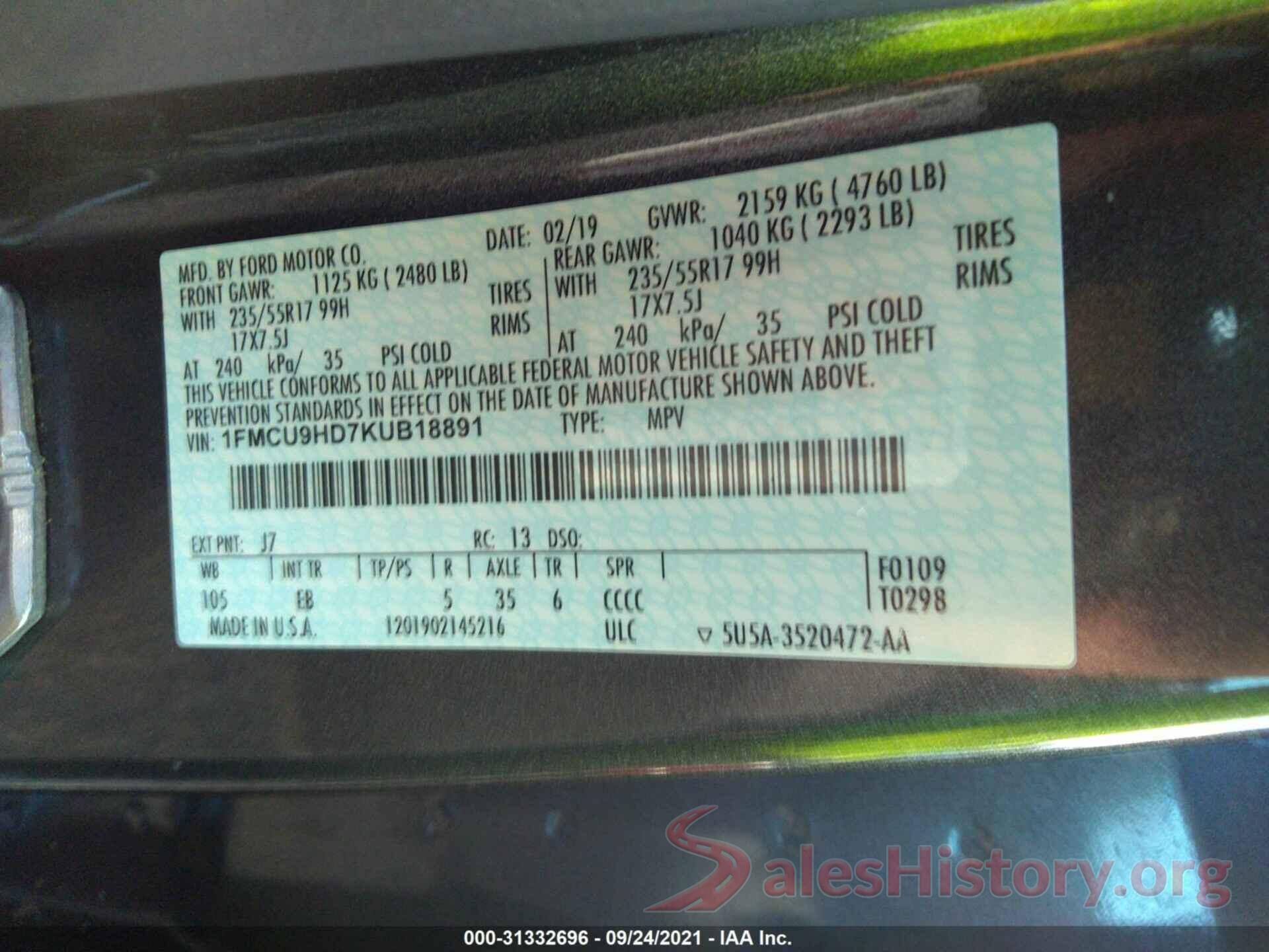 1FMCU9HD7KUB18891 2019 FORD ESCAPE