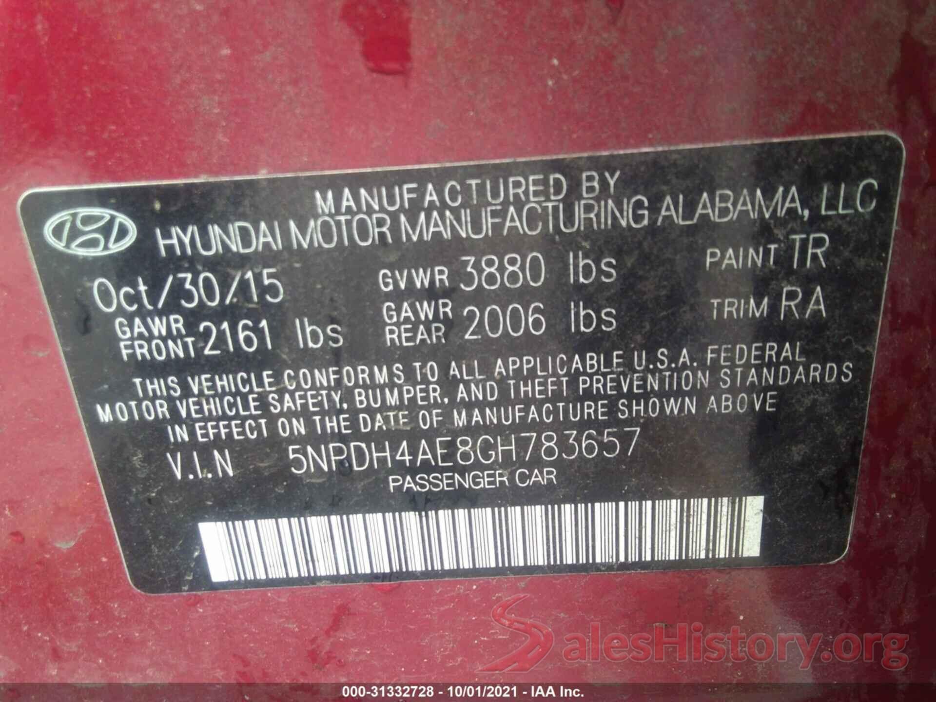 5NPDH4AE8GH783657 2016 HYUNDAI ELANTRA