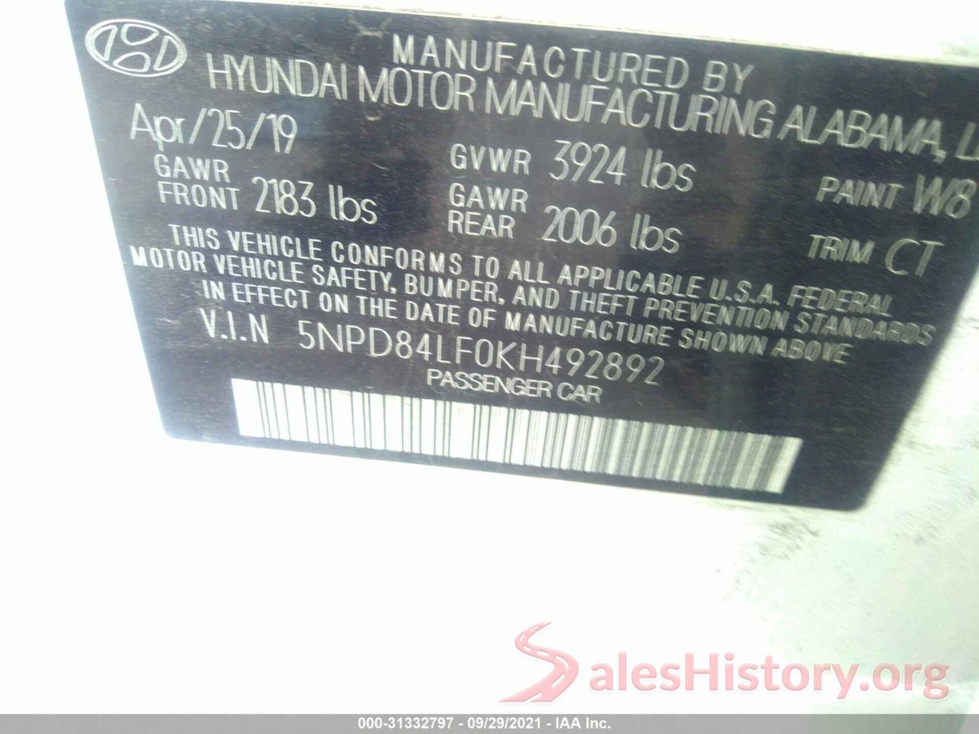 5NPD84LF0KH492892 2019 HYUNDAI ELANTRA