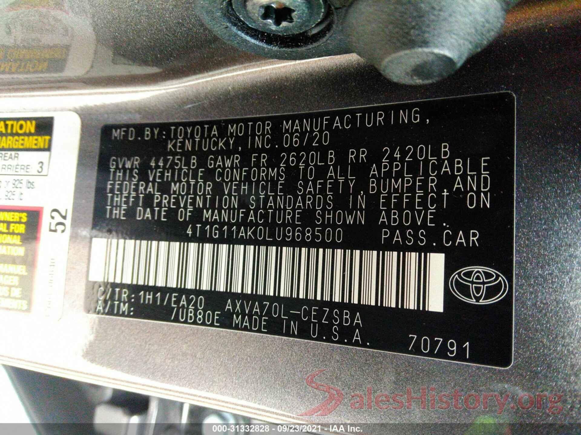 4T1G11AK0LU968500 2020 TOYOTA CAMRY