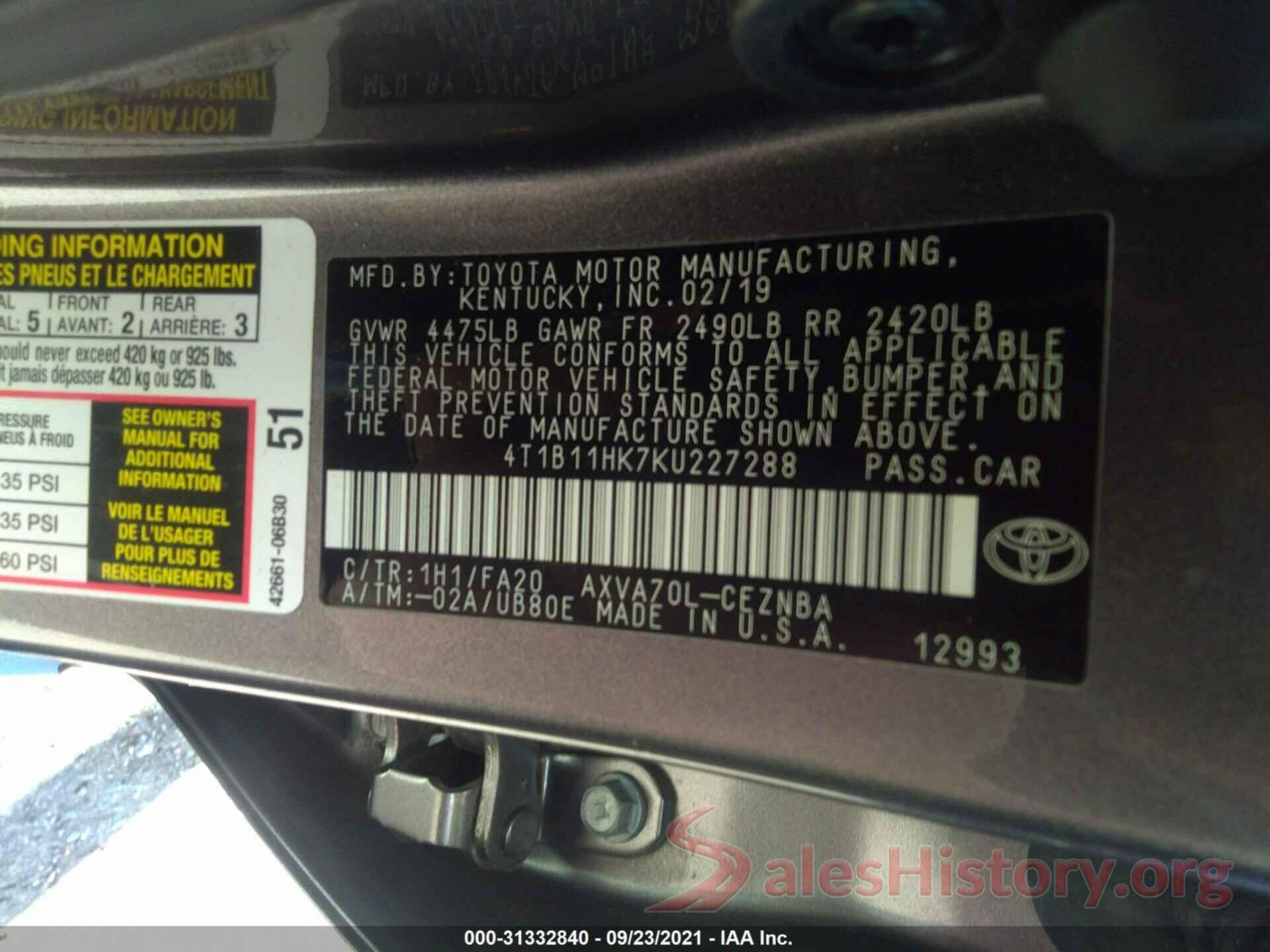 4T1B11HK7KU227288 2019 TOYOTA CAMRY