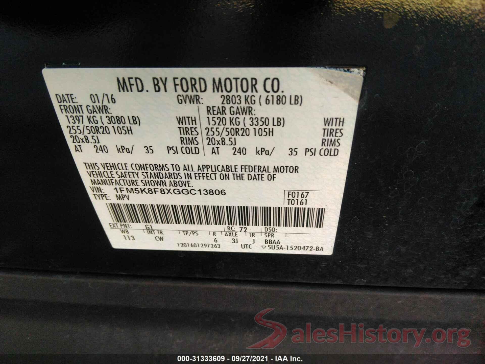 1FM5K8F8XGGC13806 2016 FORD EXPLORER