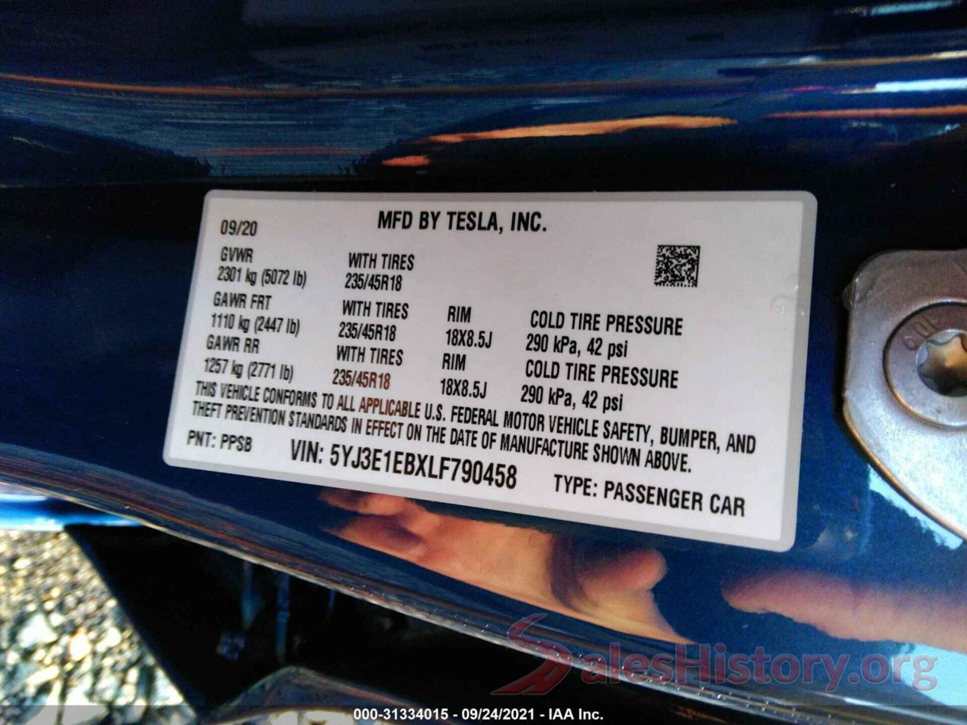 5YJ3E1EBXLF790458 2020 TESLA MODEL 3