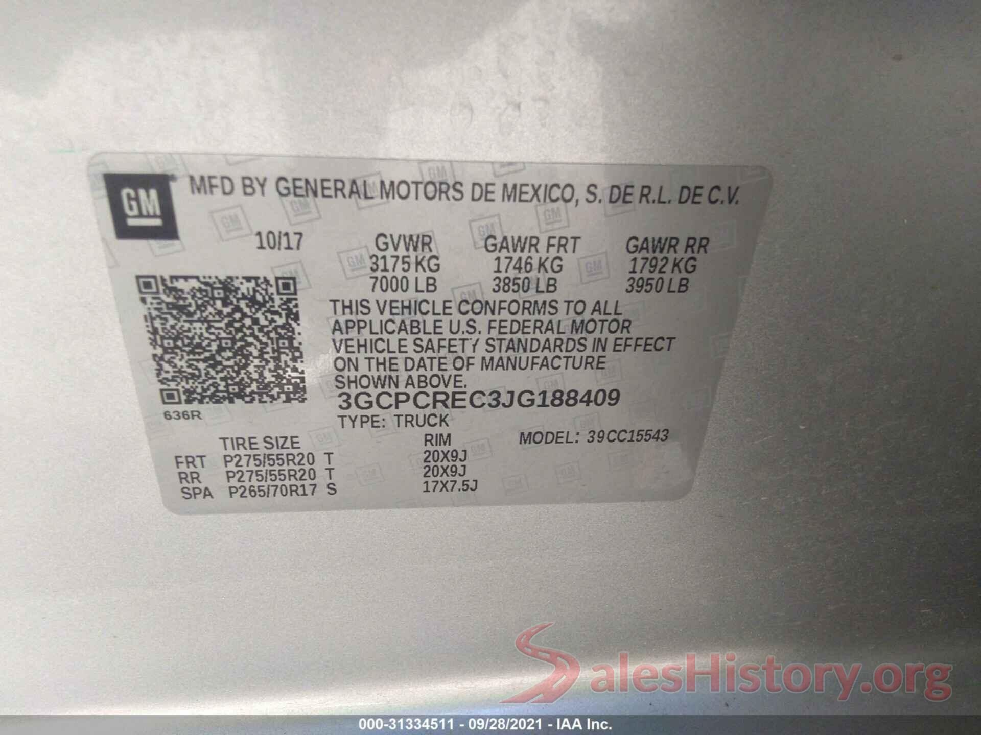 3GCPCREC3JG188409 2018 CHEVROLET SILVERADO 1500