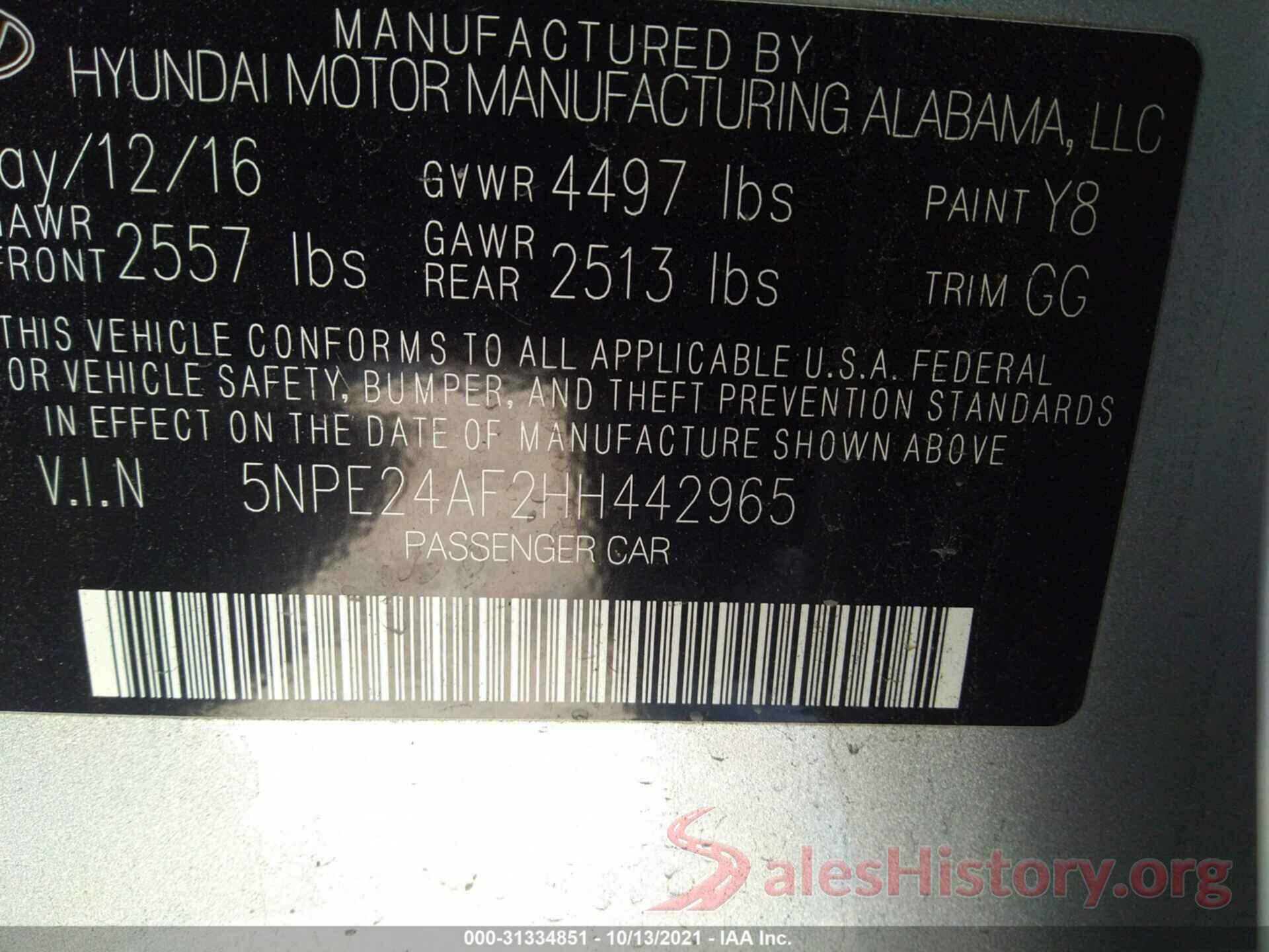 5NPE24AF2HH442965 2017 HYUNDAI SONATA