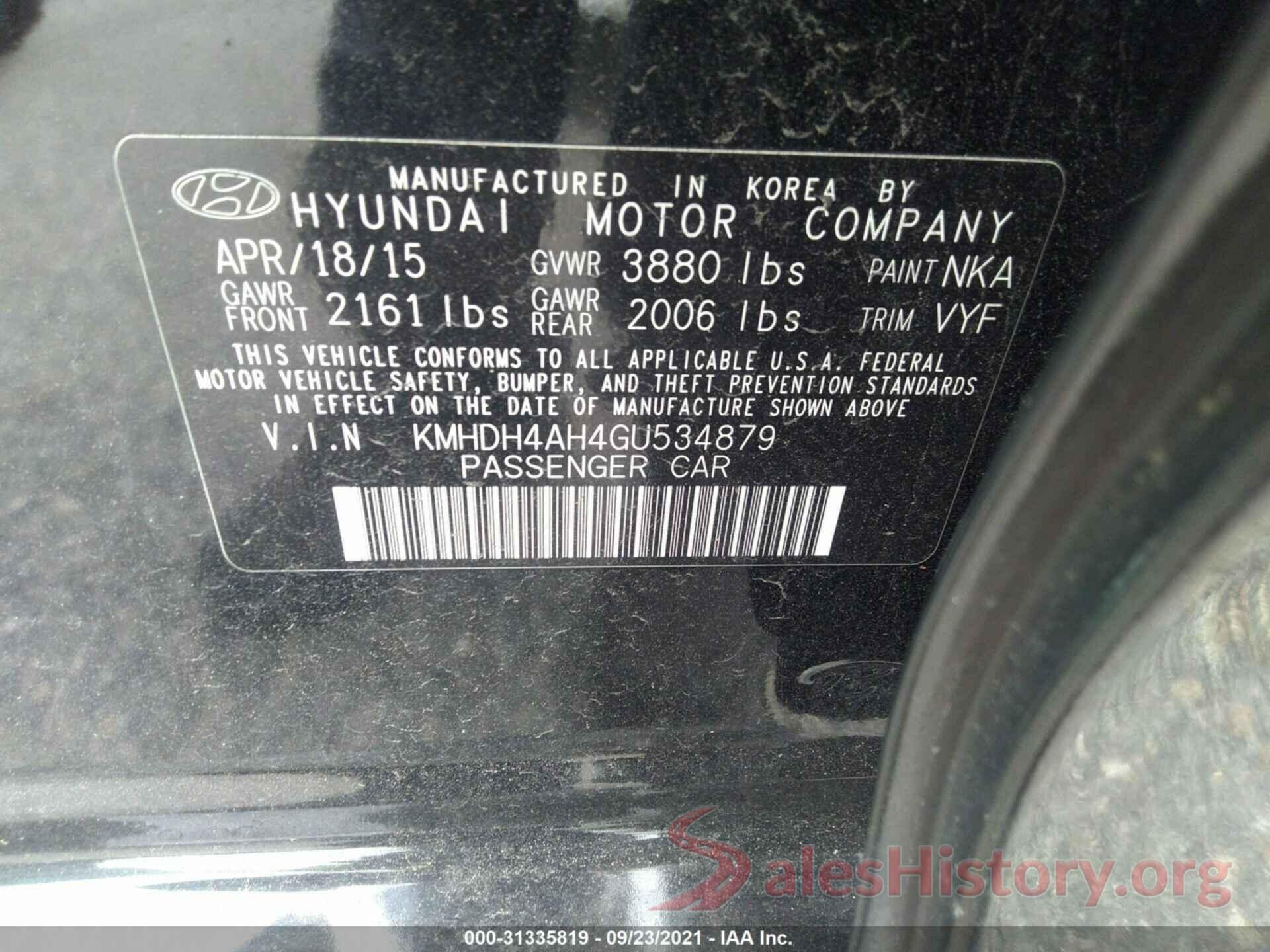 KMHDH4AH4GU534879 2016 HYUNDAI ELANTRA