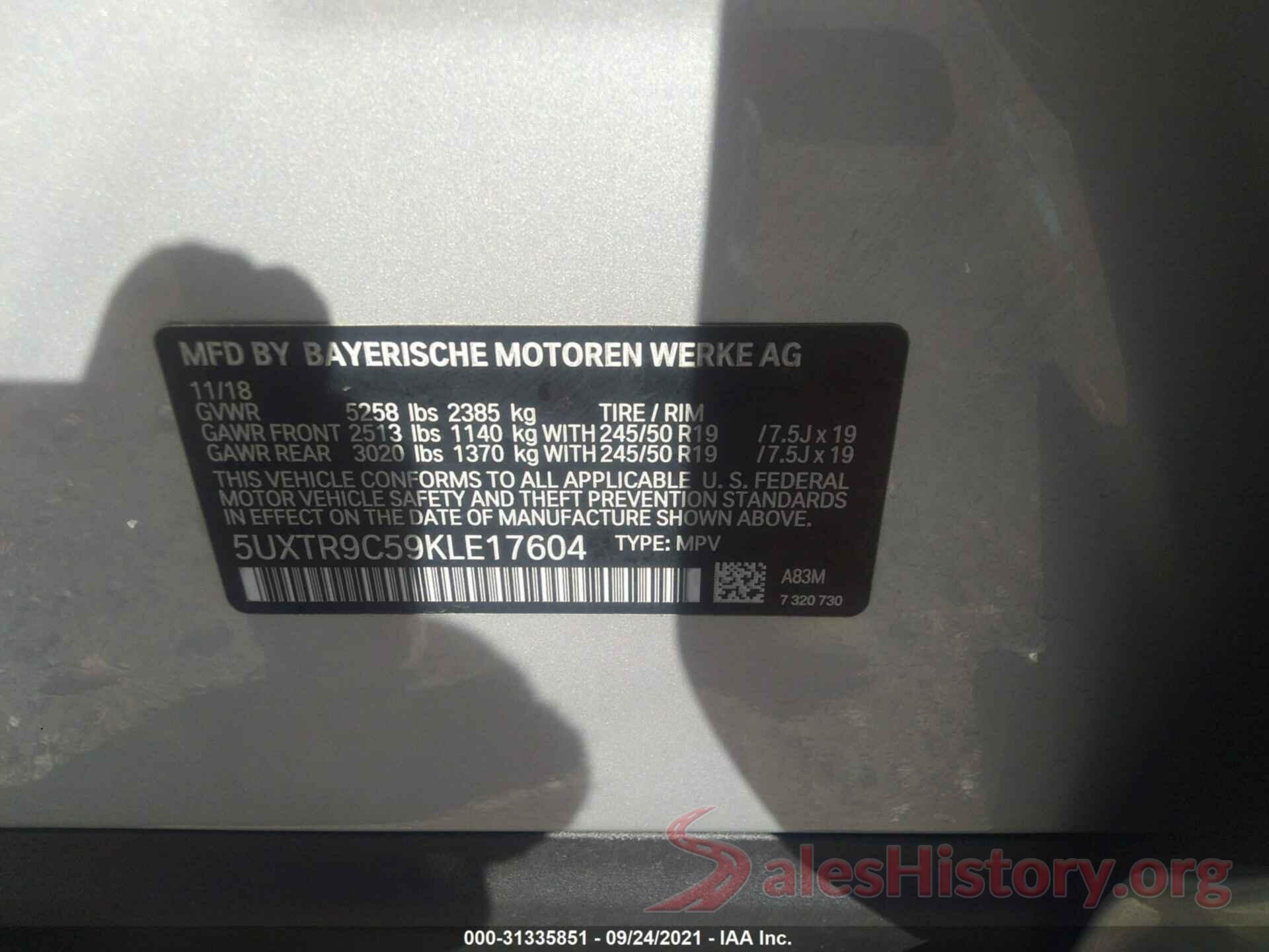 5UXTR9C59KLE17604 2019 BMW X3