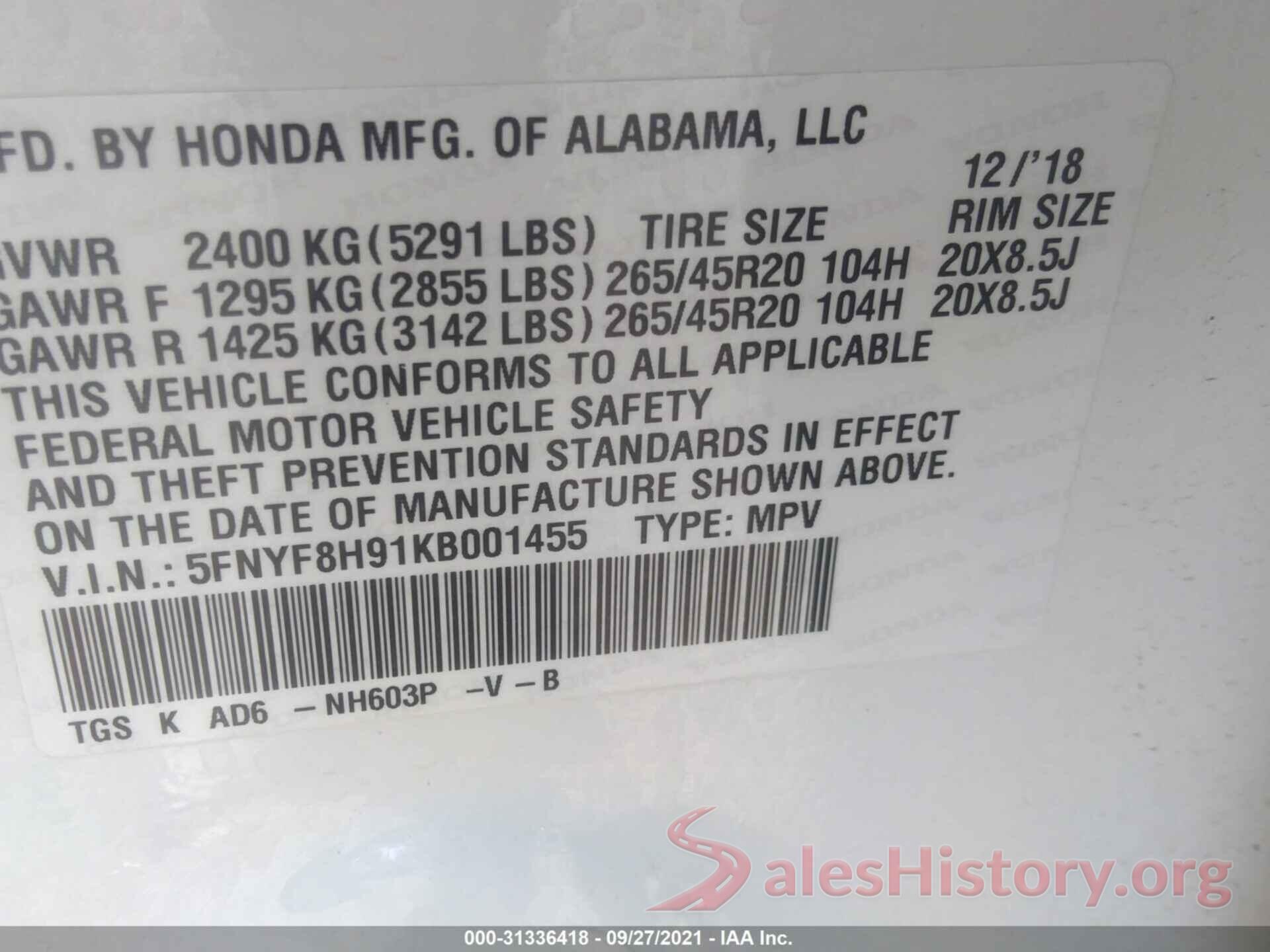 5FNYF8H91KB001455 2019 HONDA PASSPORT