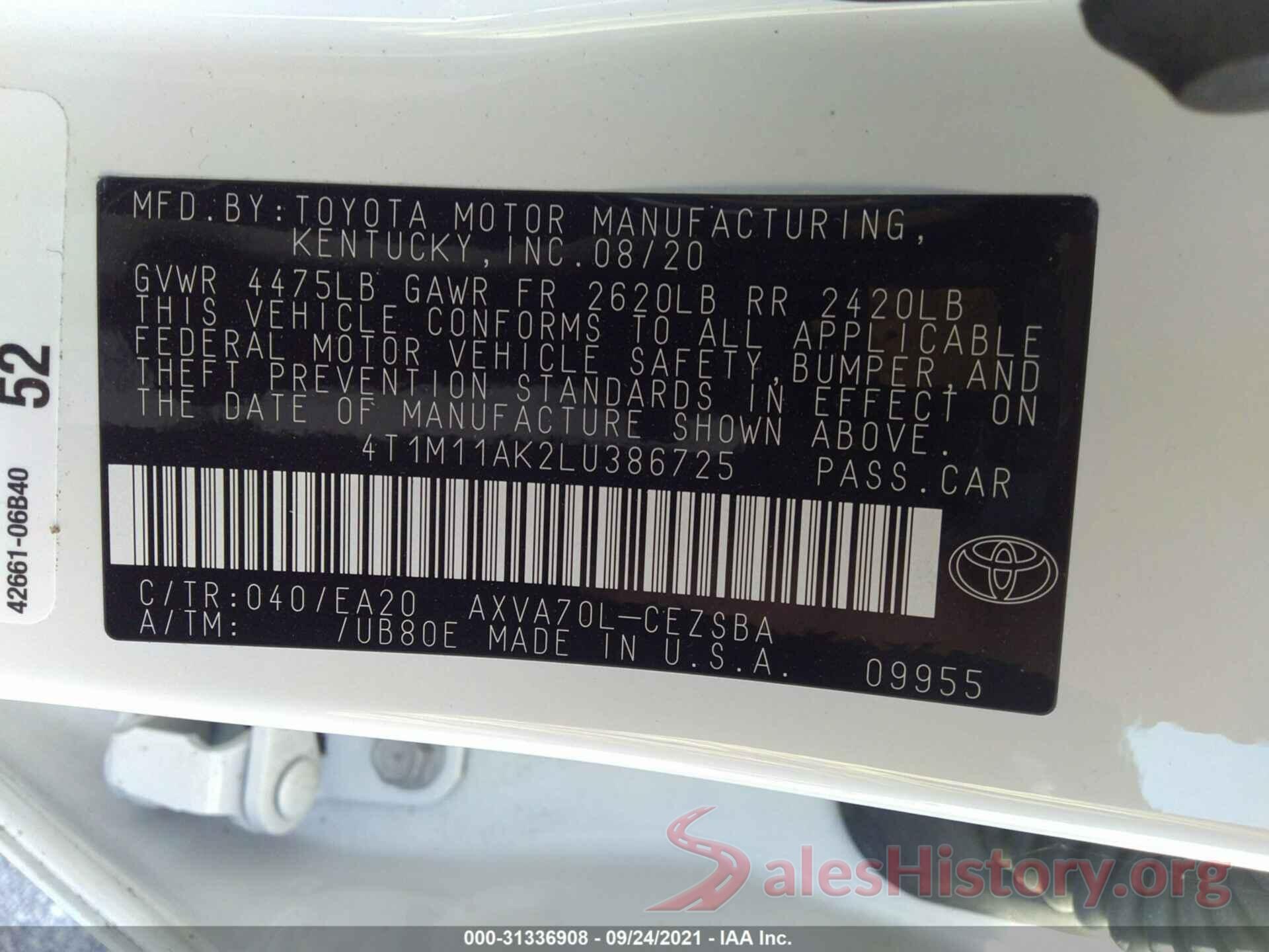 4T1M11AK2LU386725 2020 TOYOTA CAMRY