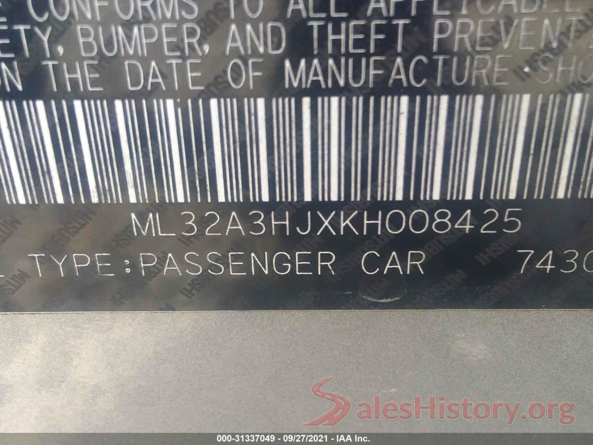 ML32A3HJXKH008425 2019 MITSUBISHI MIRAGE