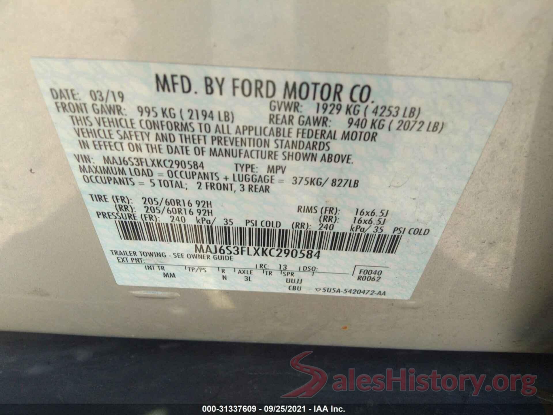 MAJ6S3FLXKC290584 2019 FORD ECOSPORT