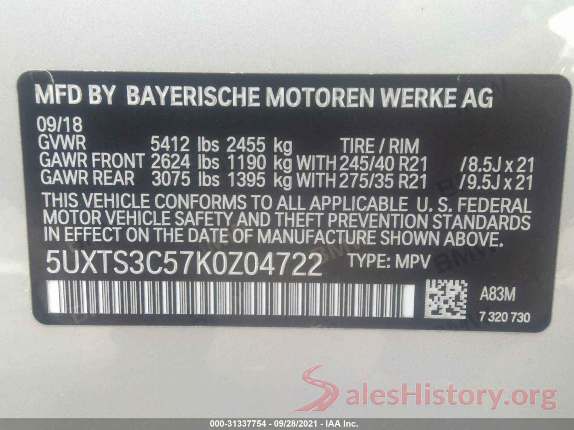 5UXTS3C57K0Z04722 2019 BMW X3