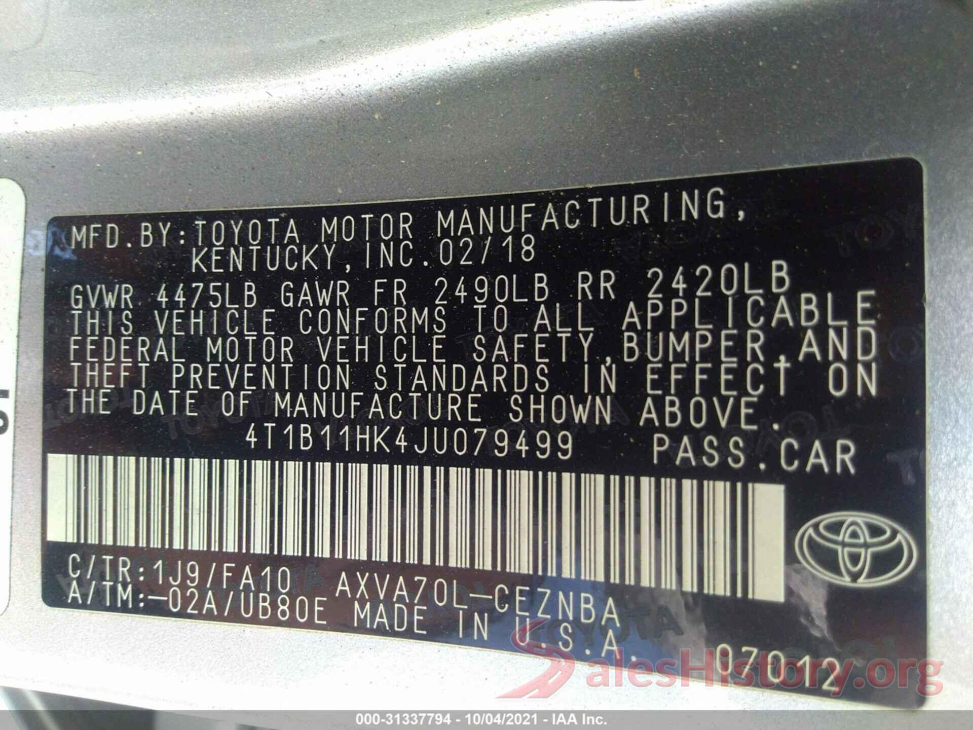 4T1B11HK4JU079499 2018 TOYOTA CAMRY