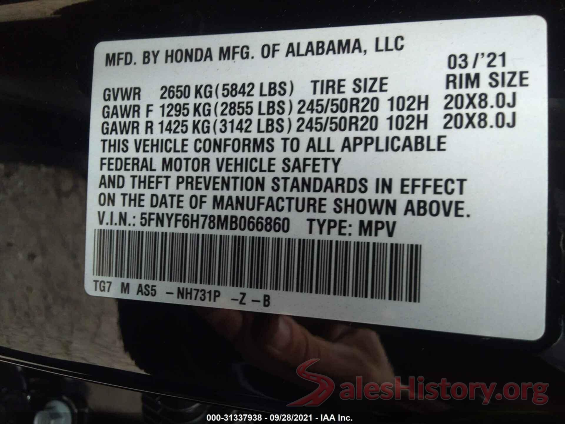 5FNYF6H78MB066860 2021 HONDA PILOT