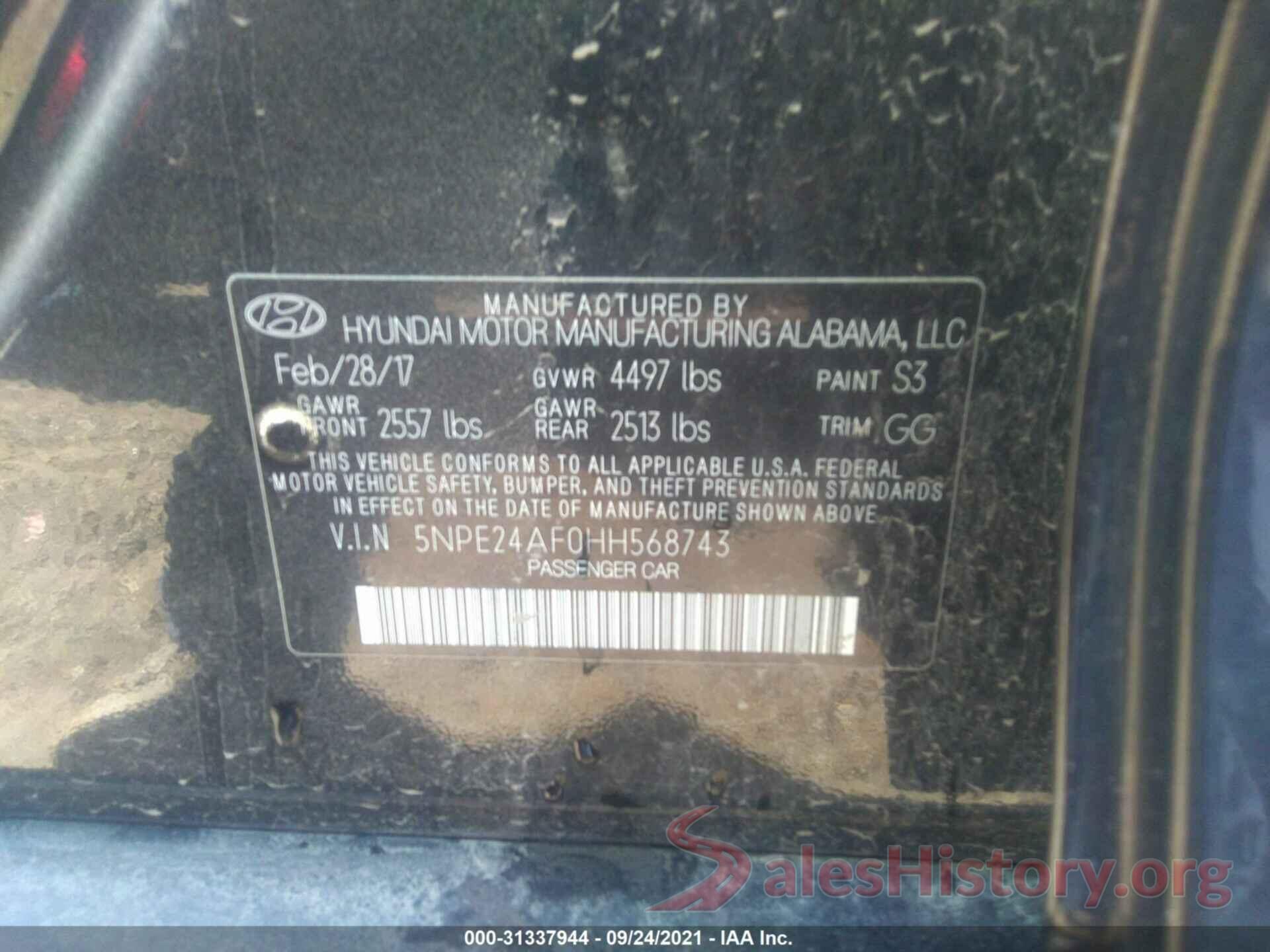 5NPE24AF0HH568743 2017 HYUNDAI SONATA