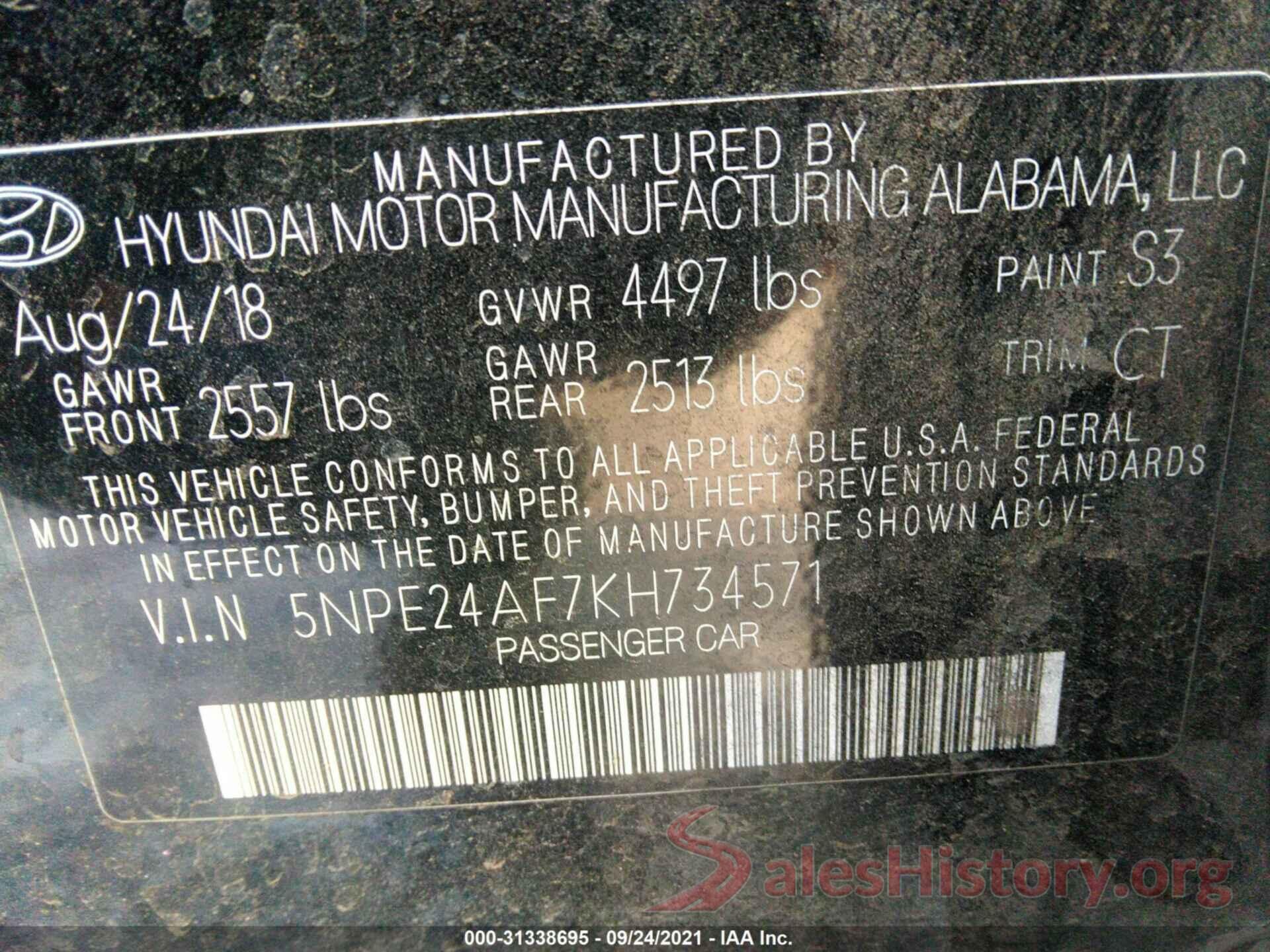 5NPE24AF7KH734571 2019 HYUNDAI SONATA