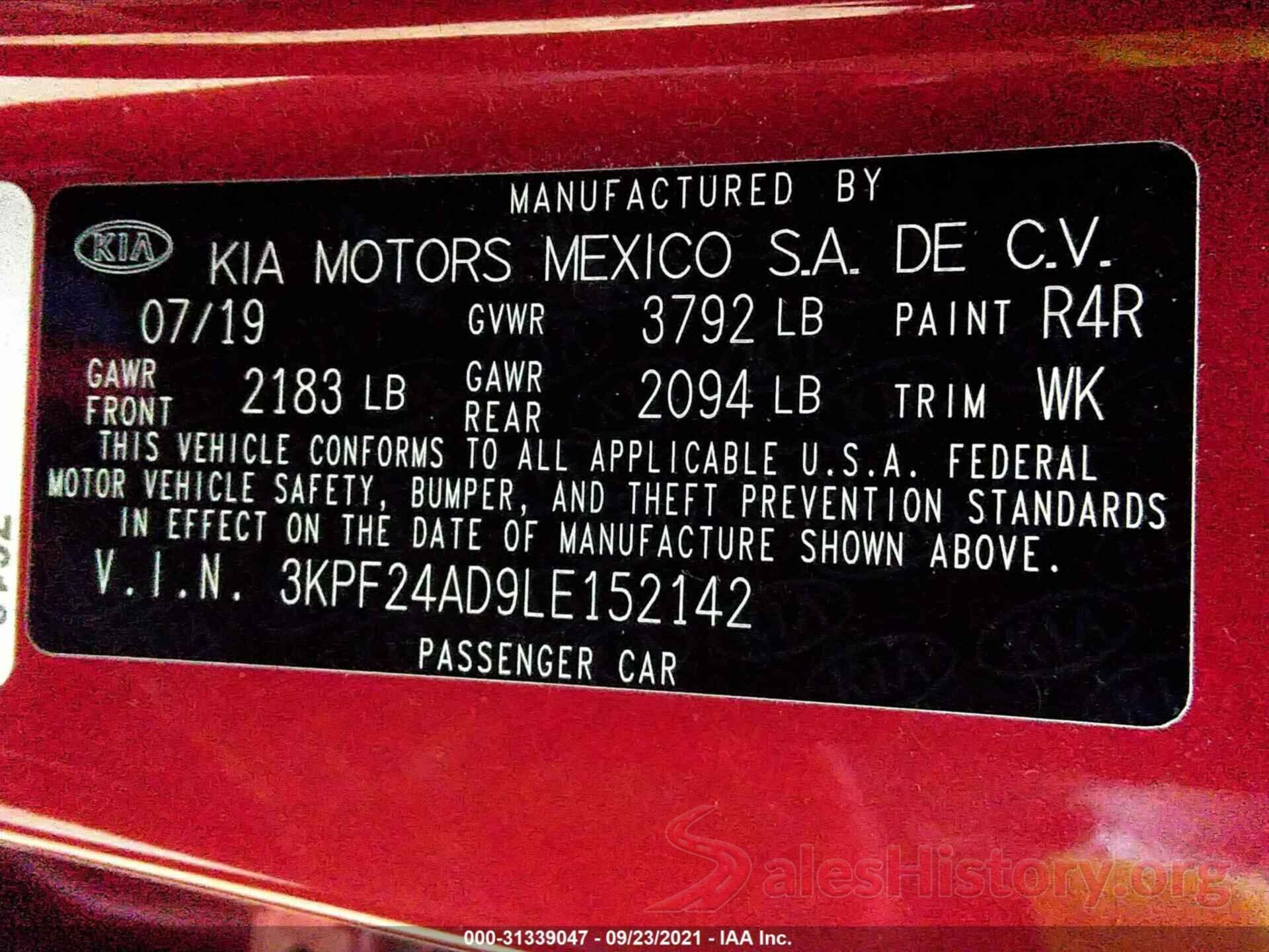 3KPF24AD9LE152142 2020 KIA FORTE