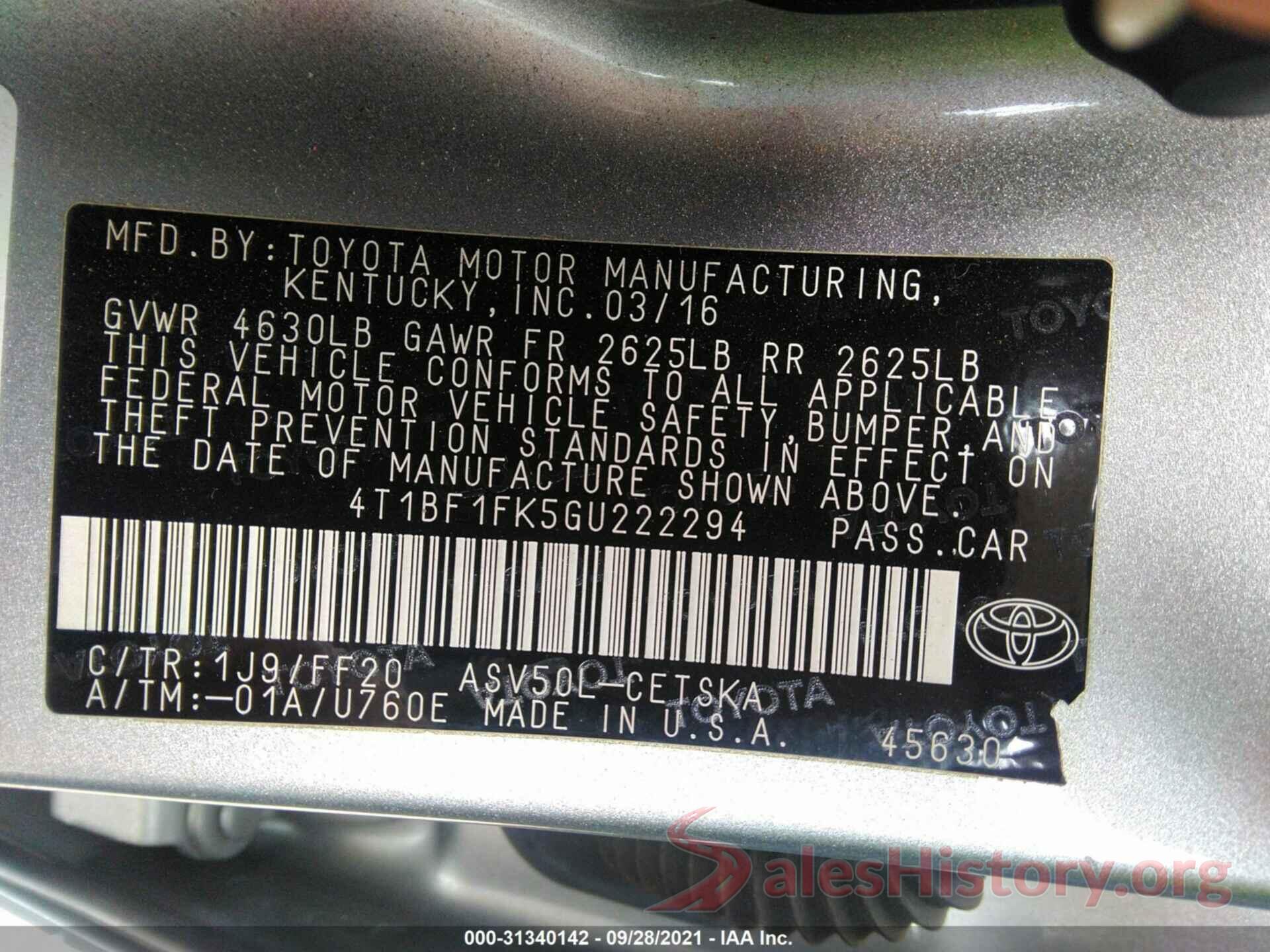 4T1BF1FK5GU222294 2016 TOYOTA CAMRY