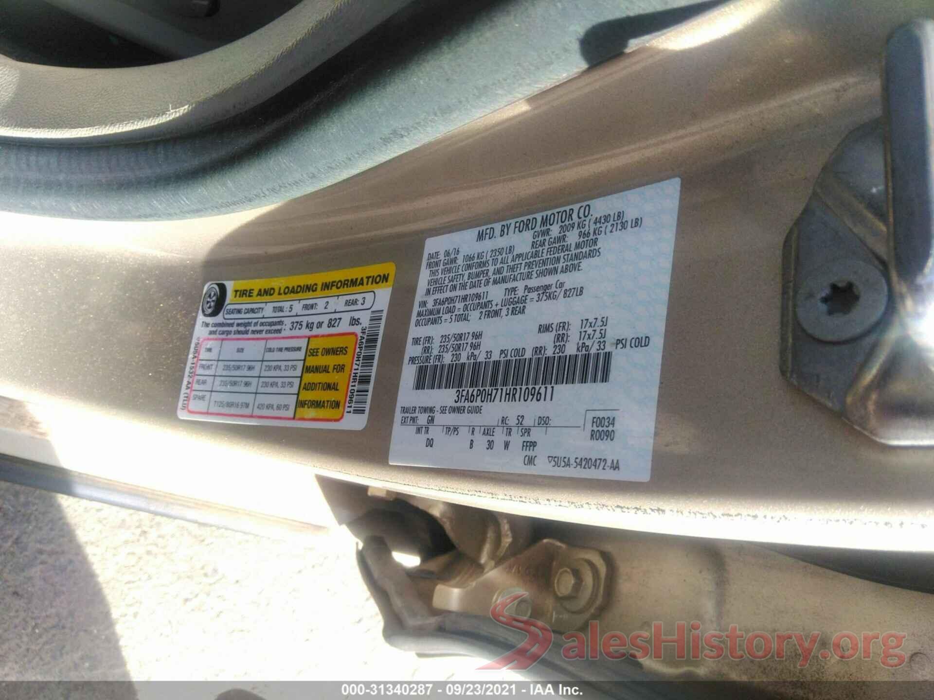 3FA6P0H71HR109611 2017 FORD FUSION