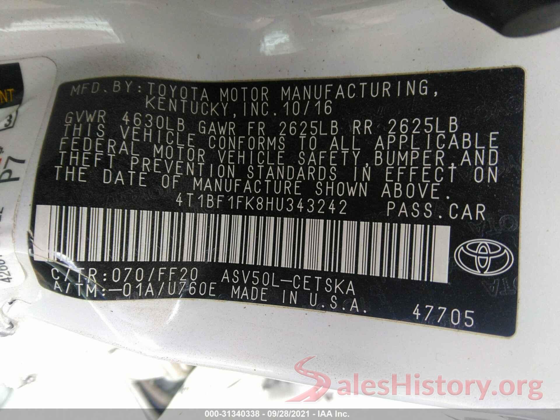 4T1BF1FK8HU343242 2017 TOYOTA CAMRY