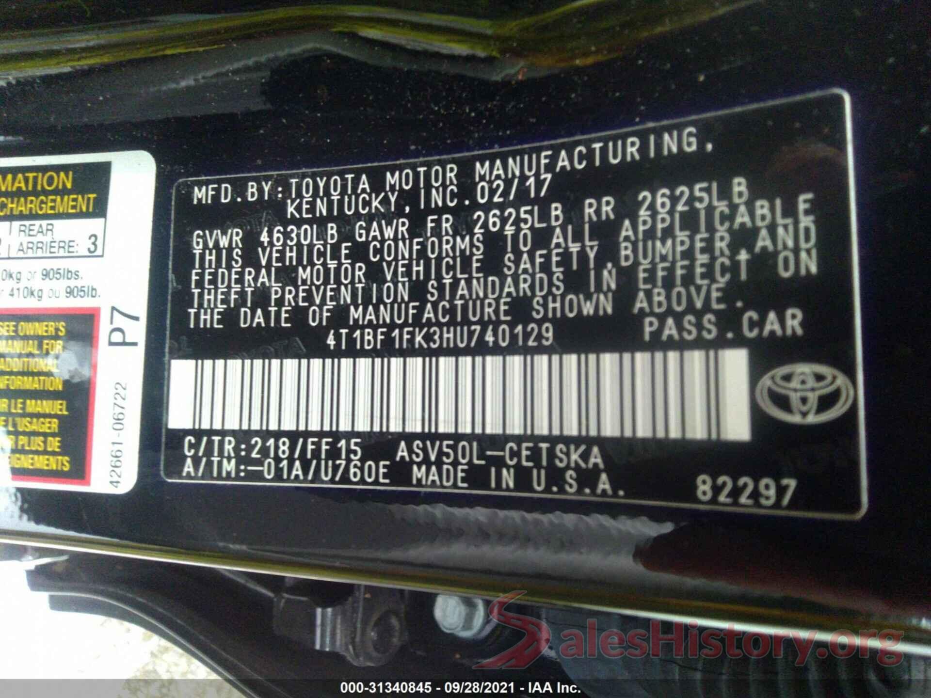 4T1BF1FK3HU740129 2017 TOYOTA CAMRY