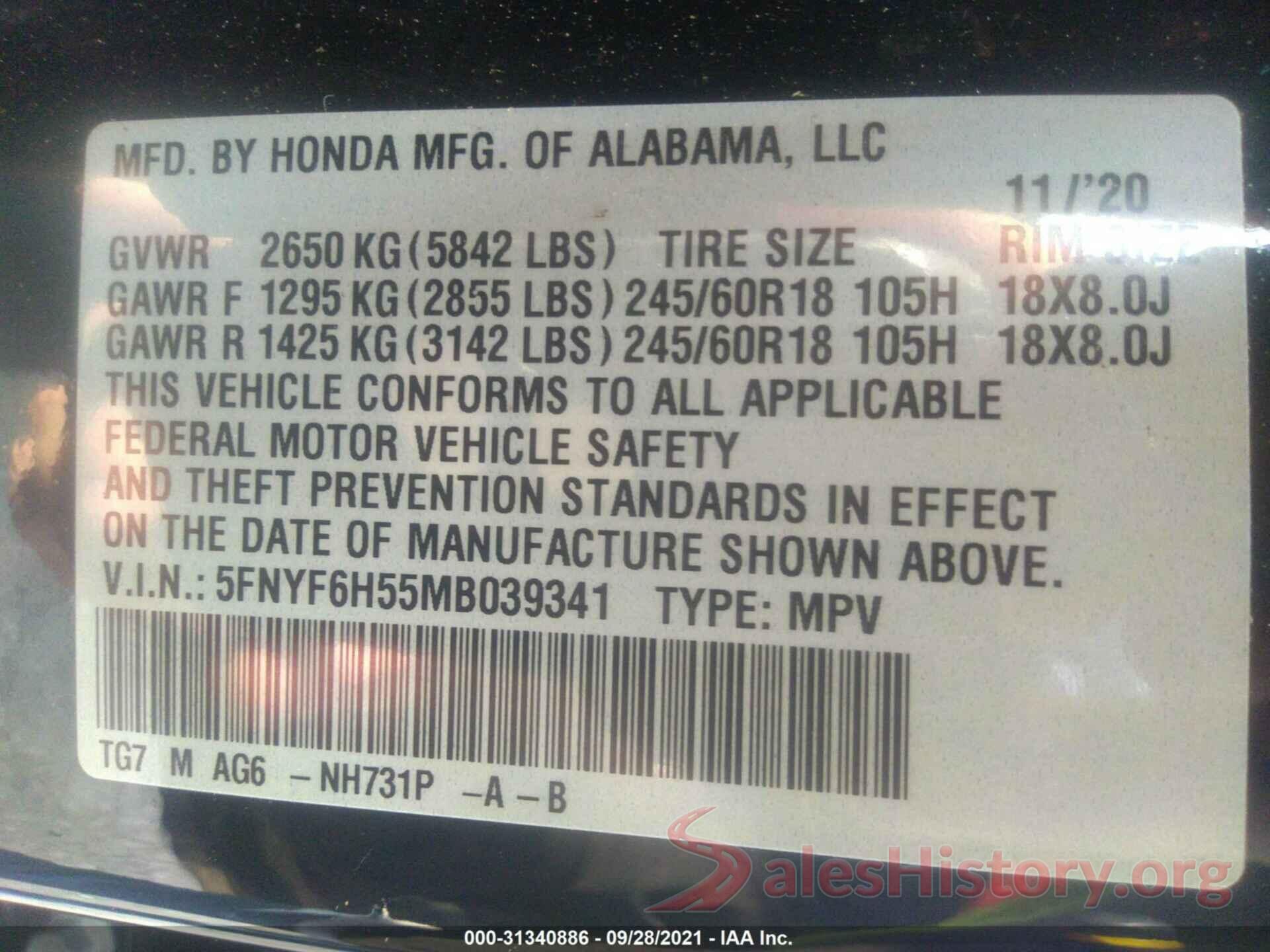 5FNYF6H55MB039341 2021 HONDA PILOT