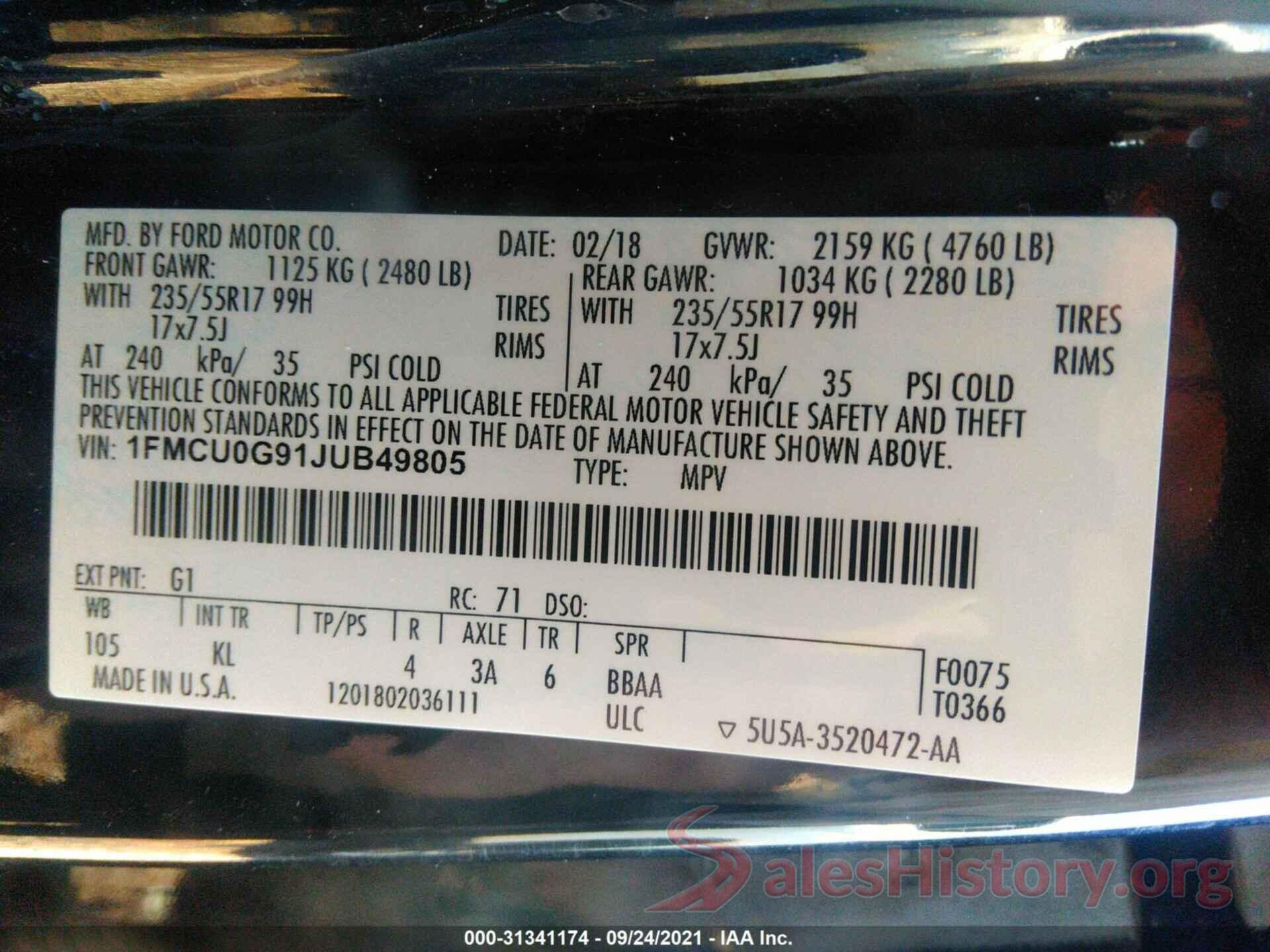 1FMCU0G91JUB49805 2018 FORD ESCAPE