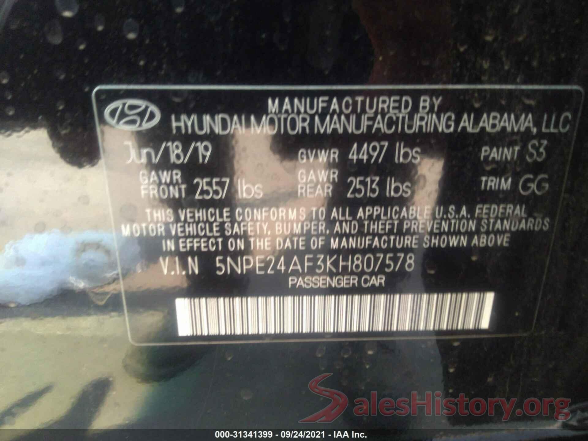 5NPE24AF3KH807578 2019 HYUNDAI SONATA