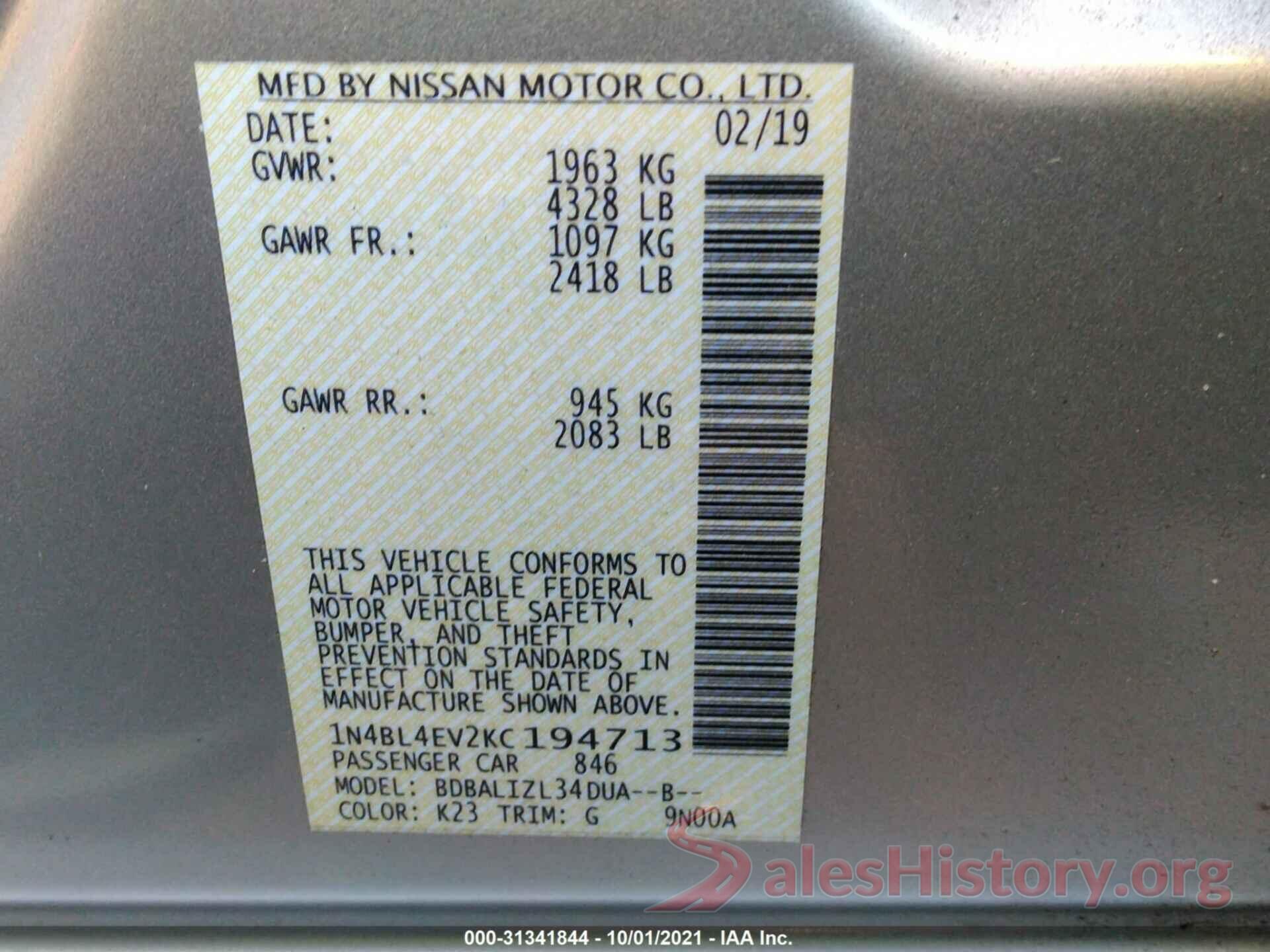 1N4BL4EV2KC194713 2019 NISSAN ALTIMA