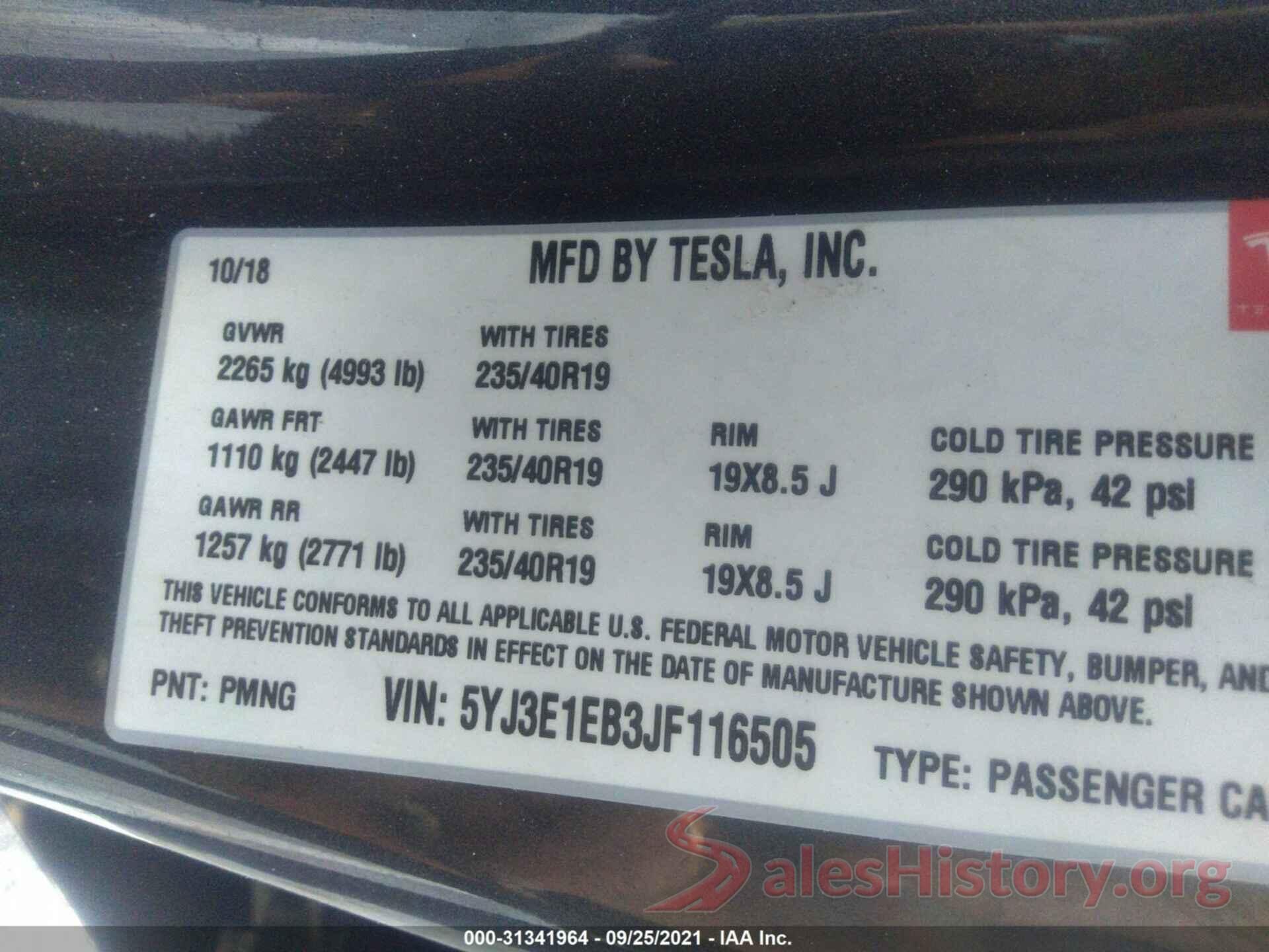 5YJ3E1EB3JF116505 2018 TESLA MODEL 3