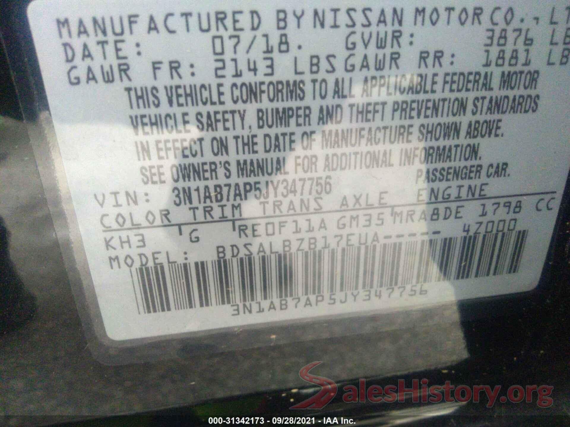 3N1AB7AP5JY347756 2018 NISSAN SENTRA