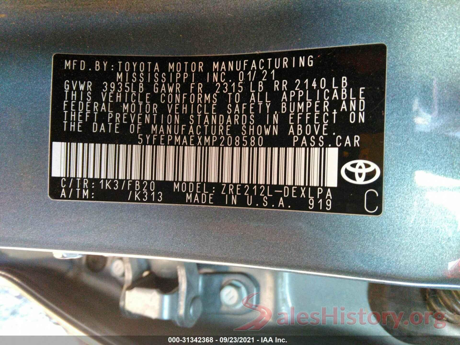 5YFEPMAEXMP208580 2021 TOYOTA COROLLA