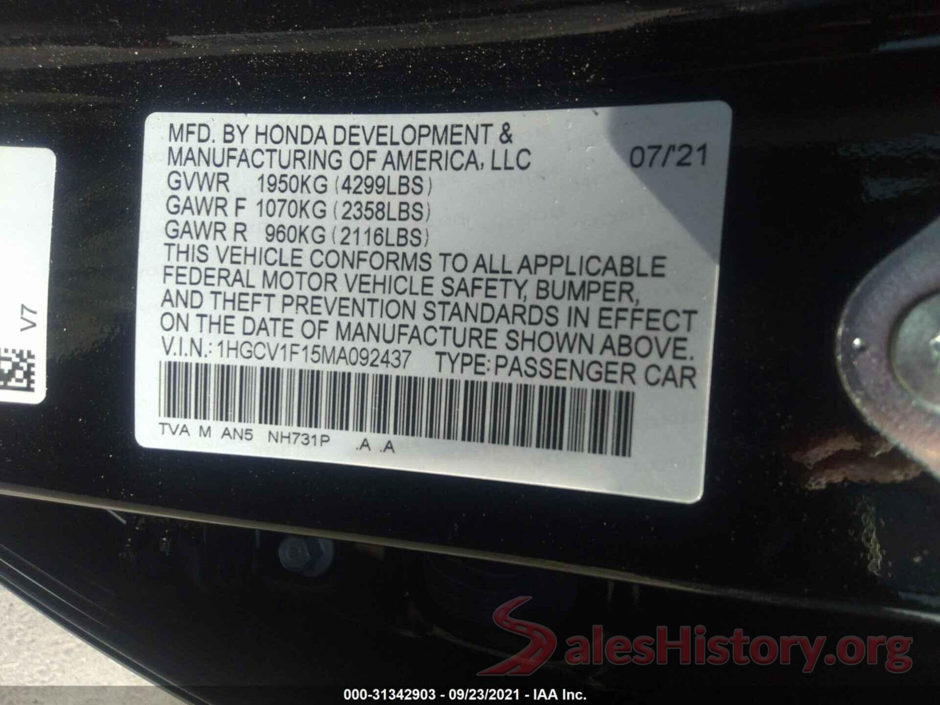 1HGCV1F15MA092437 2021 HONDA ACCORD SEDAN