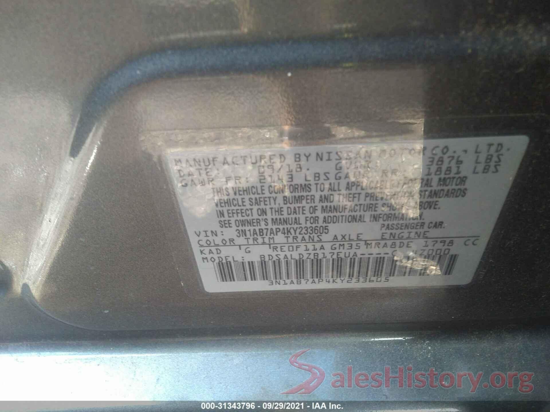 3N1AB7AP4KY233605 2019 NISSAN SENTRA