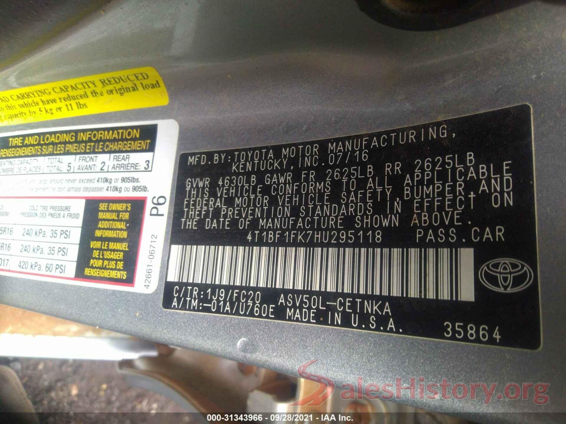 4T1BF1FK7HU295118 2017 TOYOTA CAMRY