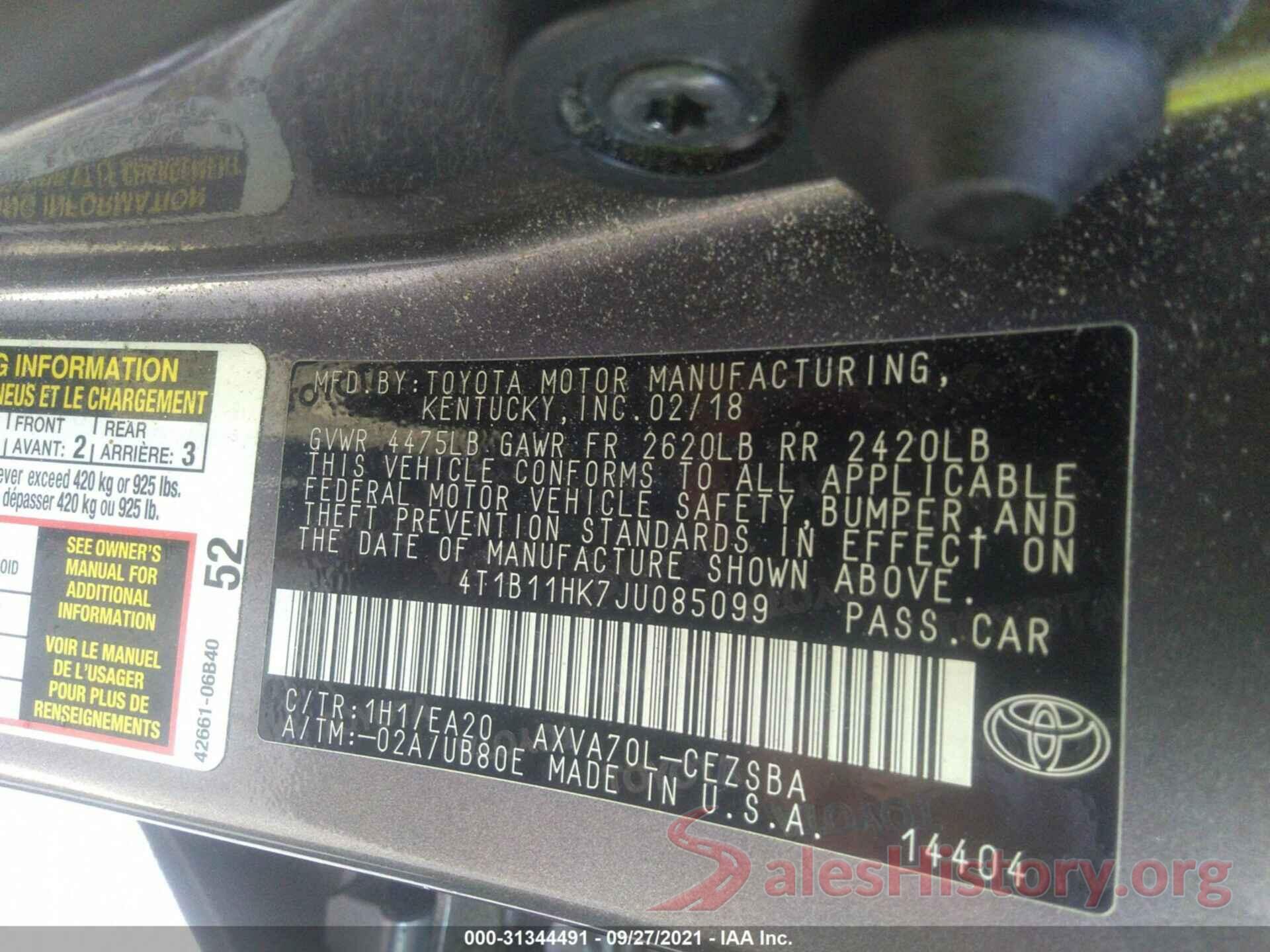 4T1B11HK7JU085099 2018 TOYOTA CAMRY