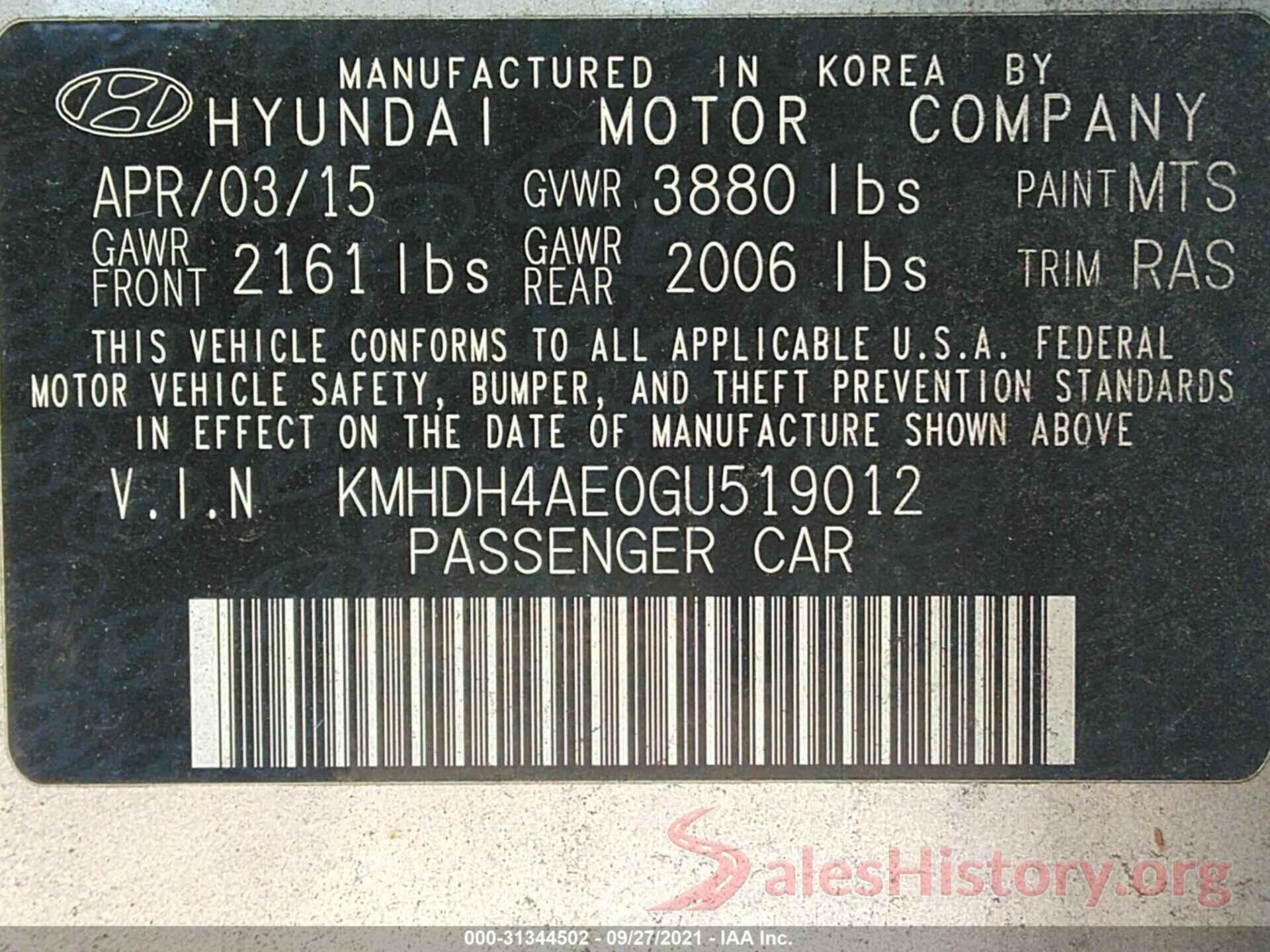 KMHDH4AE0GU519012 2016 HYUNDAI ELANTRA