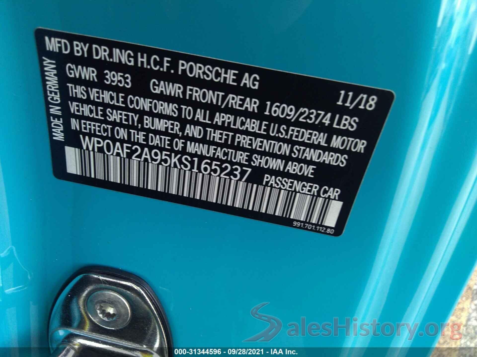 WP0AF2A95KS165237 2019 PORSCHE 911