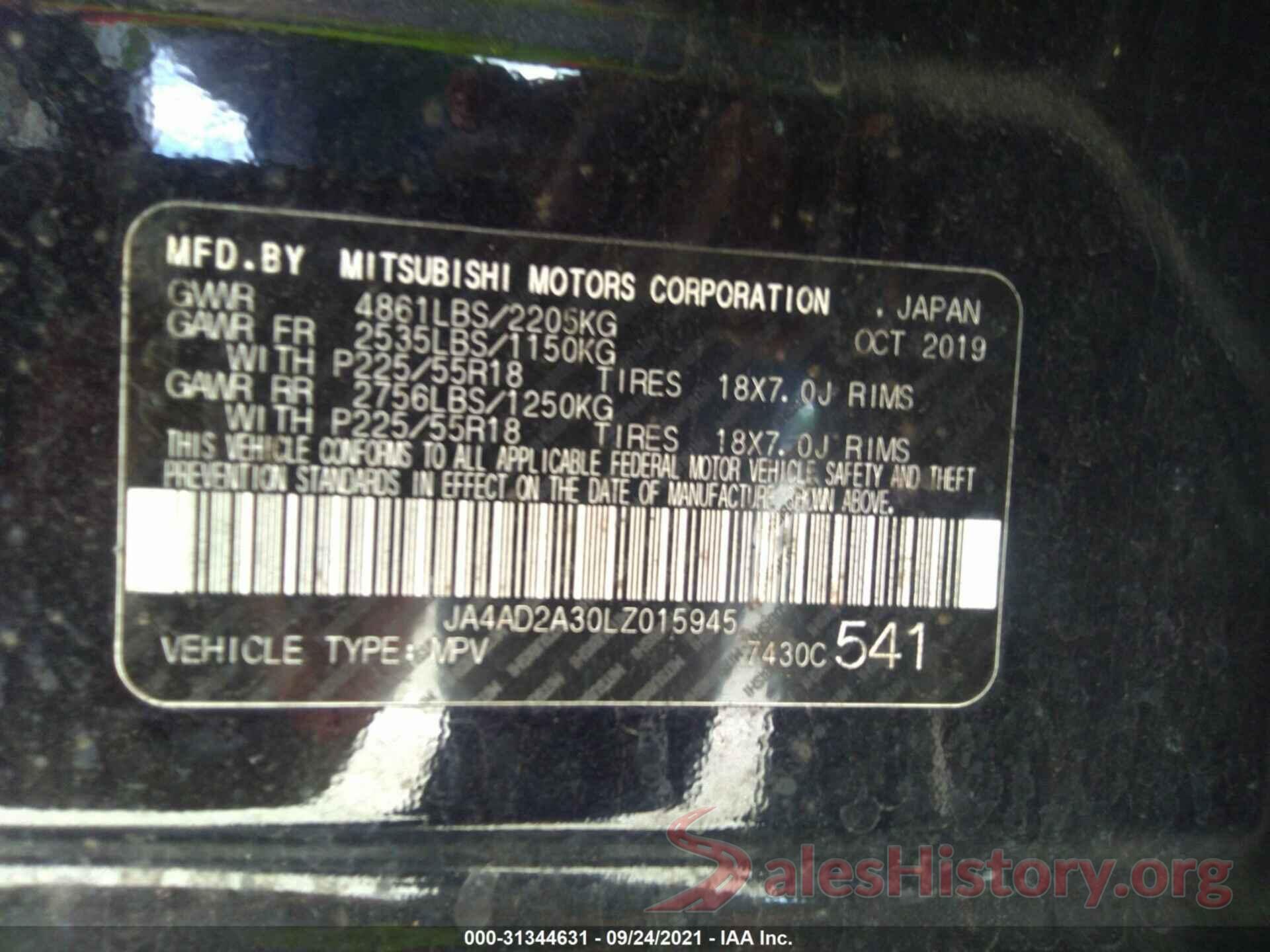 JA4AD2A30LZ015945 2020 MITSUBISHI OUTLANDER