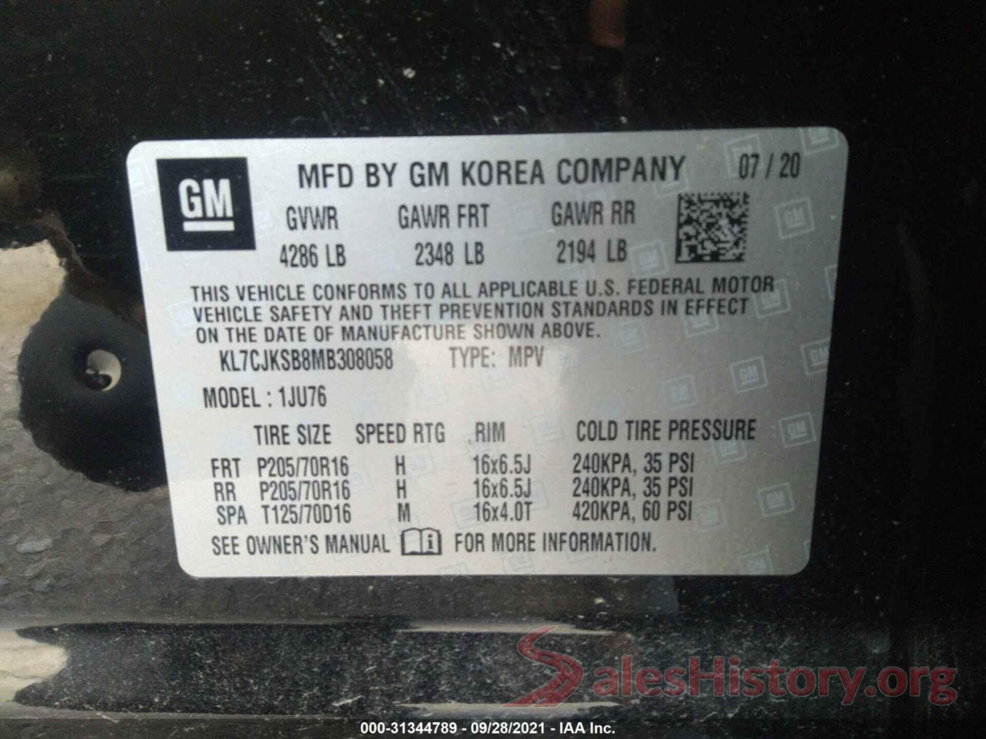 KL7CJKSB8MB308058 2021 CHEVROLET TRAX