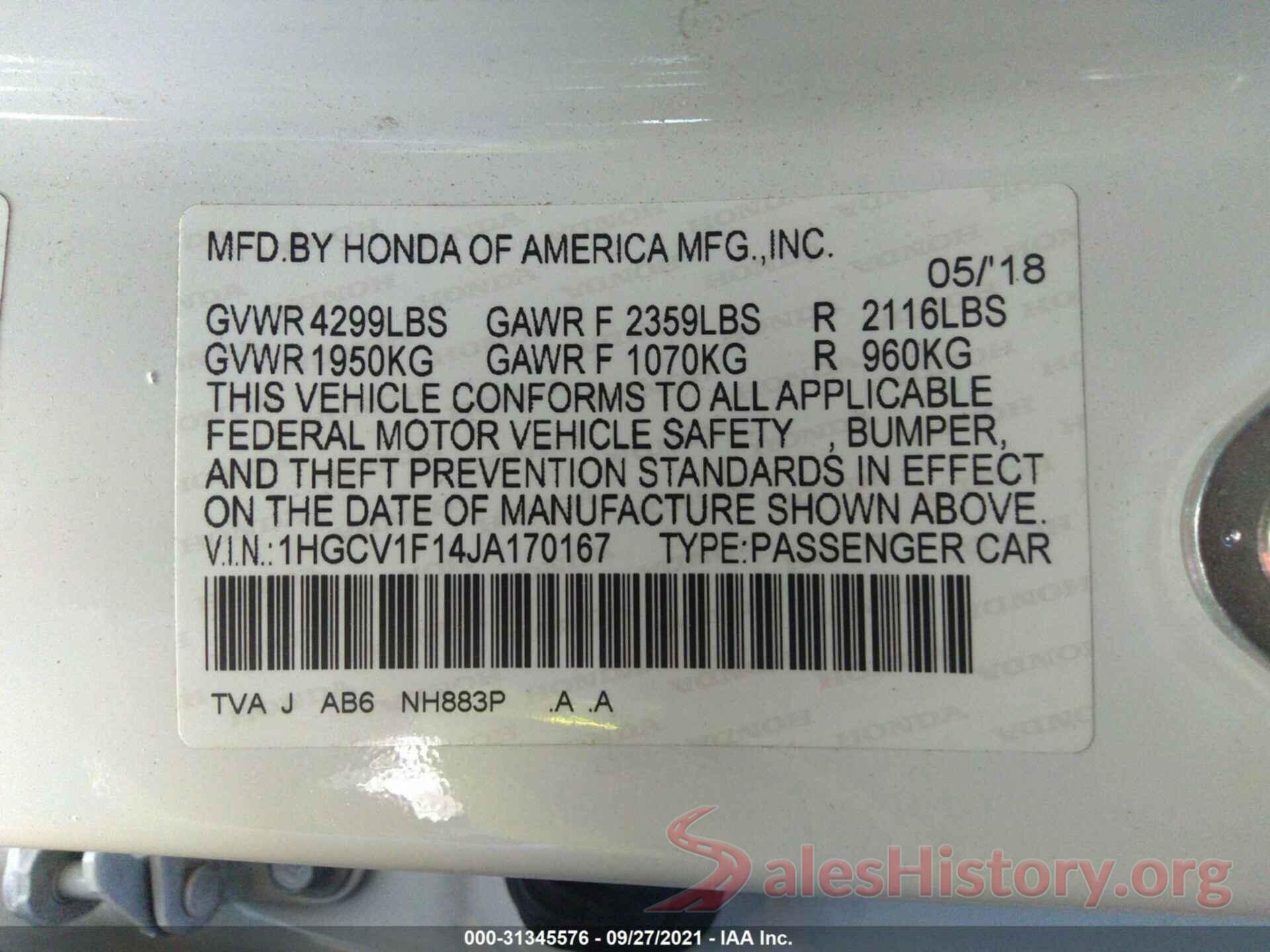 1HGCV1F14JA170167 2018 HONDA ACCORD SEDAN