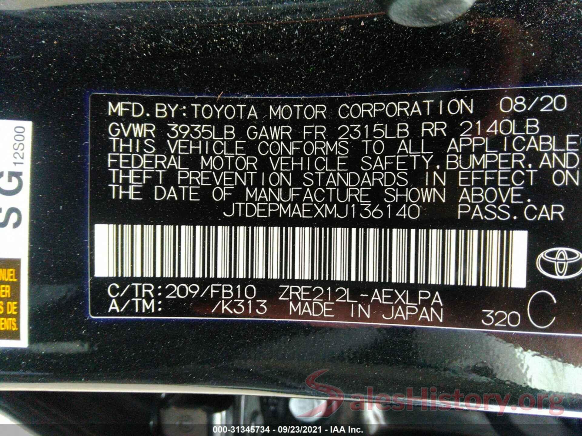 JTDEPMAEXMJ136140 2021 TOYOTA COROLLA